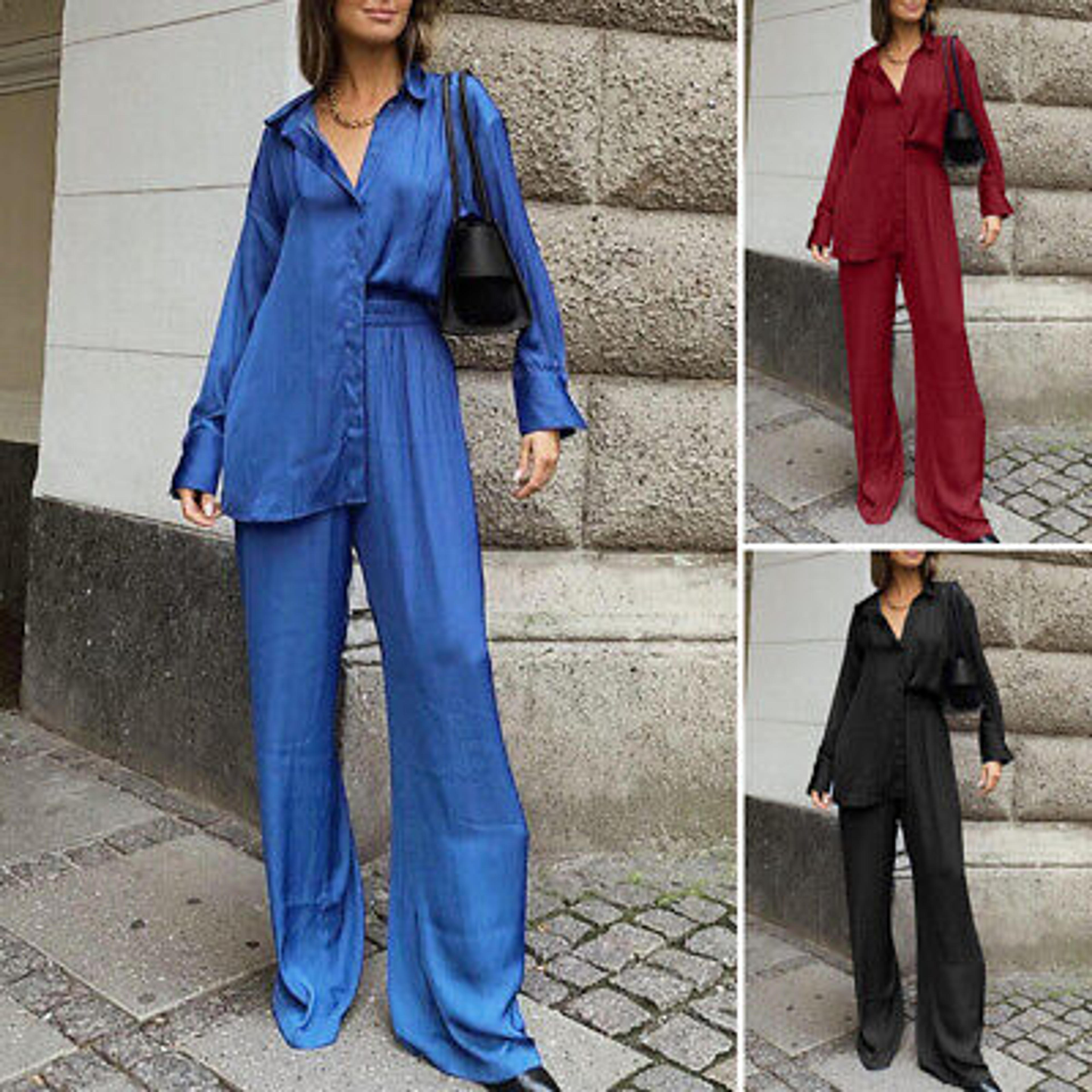 2PCS Women Summer Office Outfits Tracksuit Suit Set Button Up T Shirt Long Pants | eBay