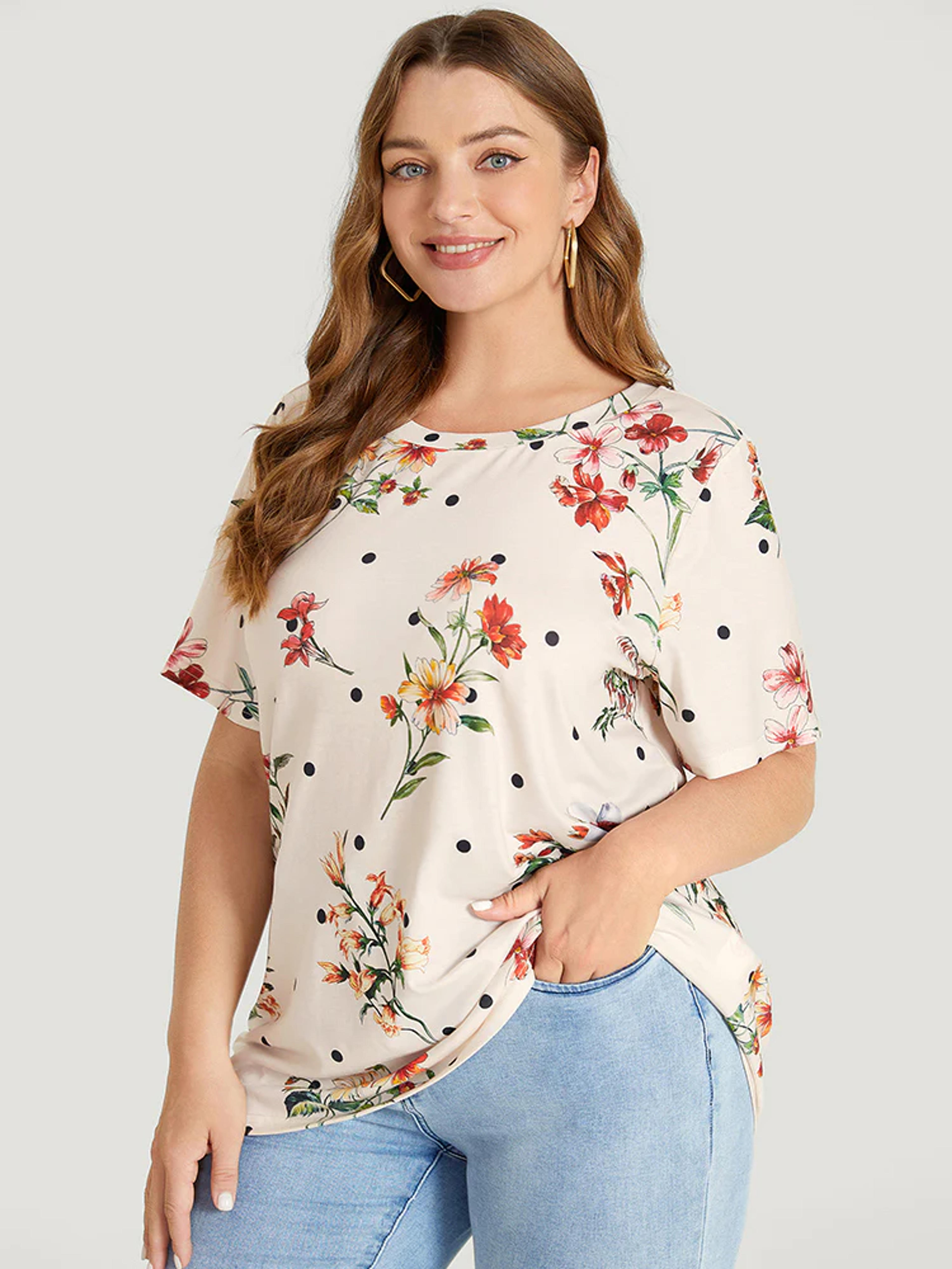 Floral & Polka Dot Round Neck T-shirt - Beige / 18-20/2X