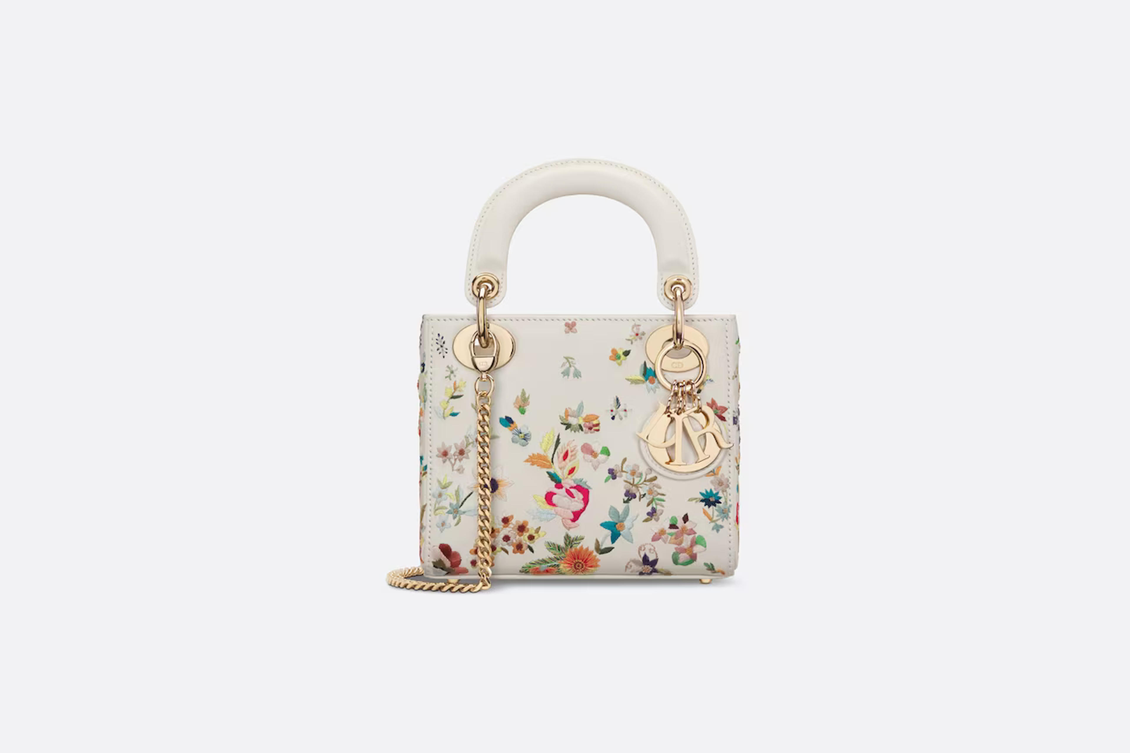 Mini Lady Dior Bag Latte Calfskin Embroidered with Multicolor Small Flowers | DIOR US