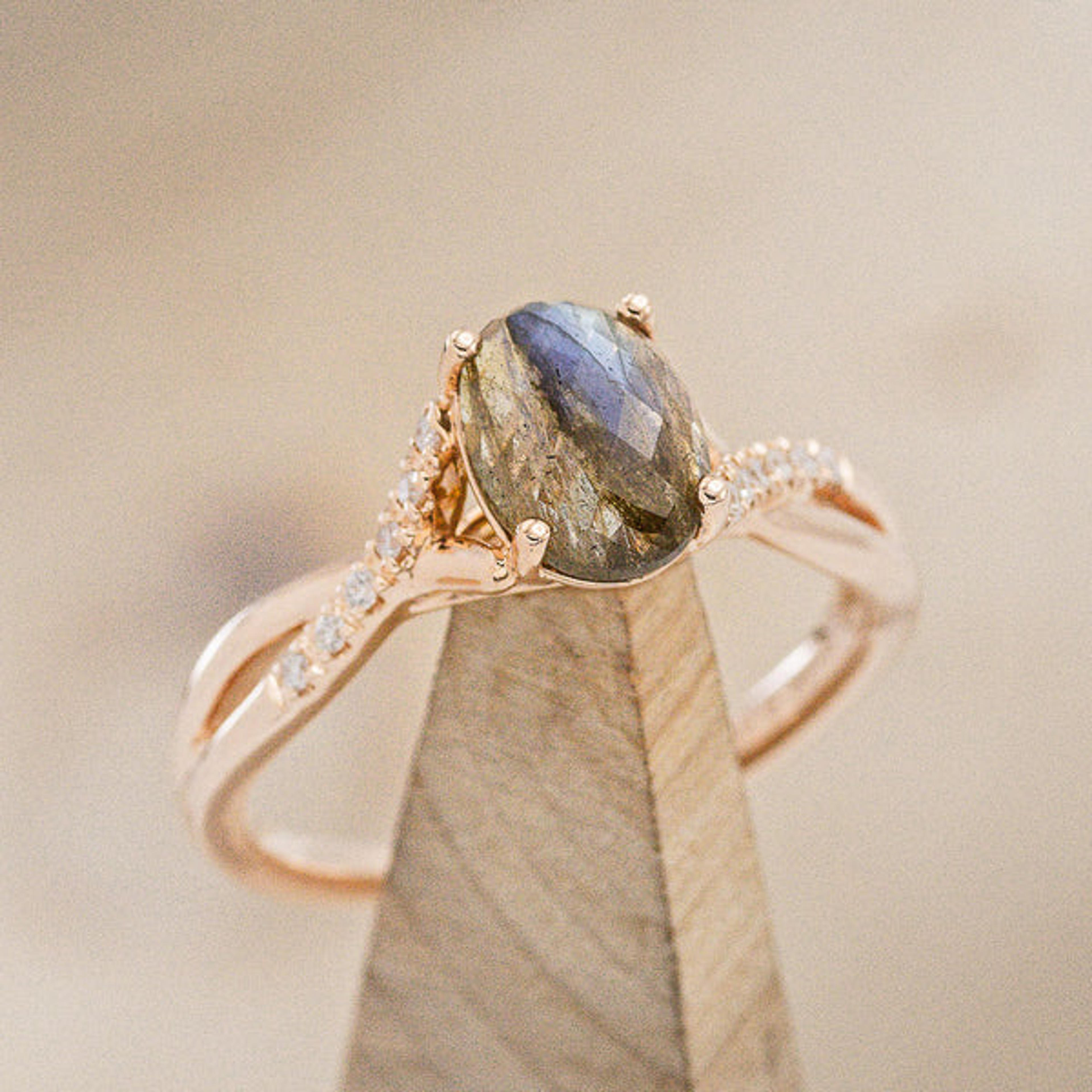 "ROSLYN" - OVAL LABRADORITE ENGAGEMENT RING WITH DIAMOND ACCENTS