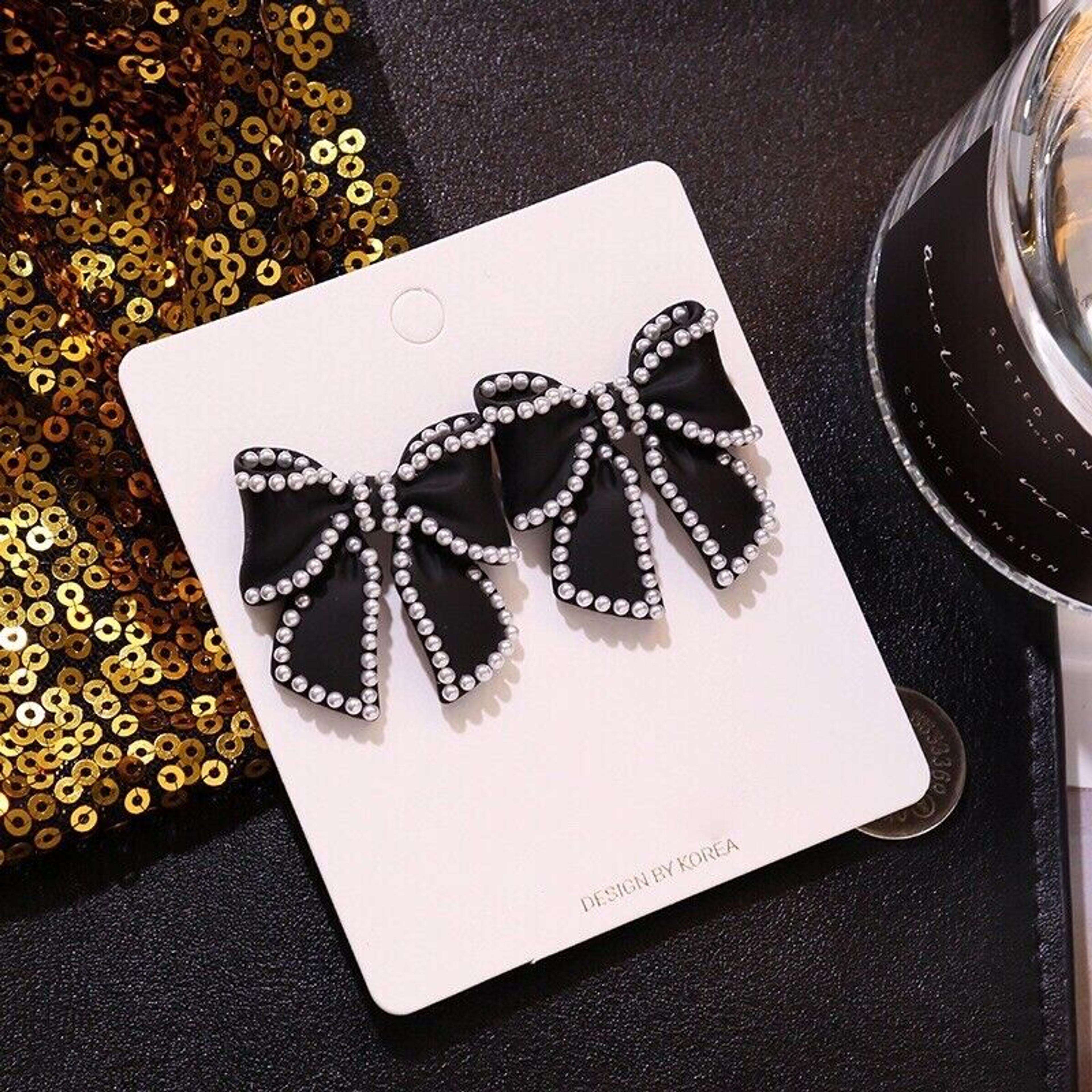 Black Bow Stud Earrings for Women,Pearl Earrings,Bow Earrings,Cute and Chic | eBay