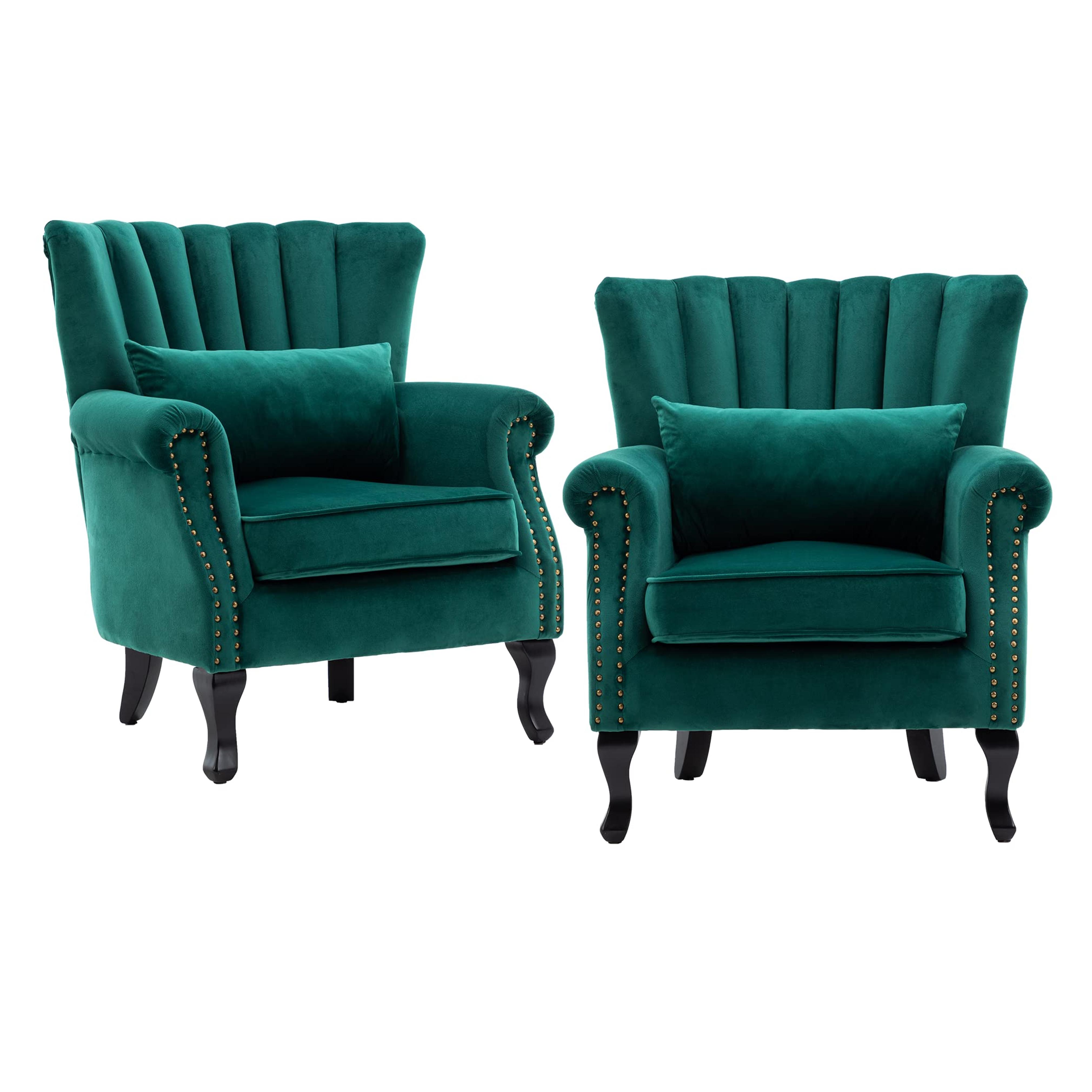 chairus Mid-Century Modern Accent Chairs Set of 2 Comfy Sofa Chairs Channel Back Armchairs with Small Pillow for Living Roon Bedroom Club - Velvet, Green