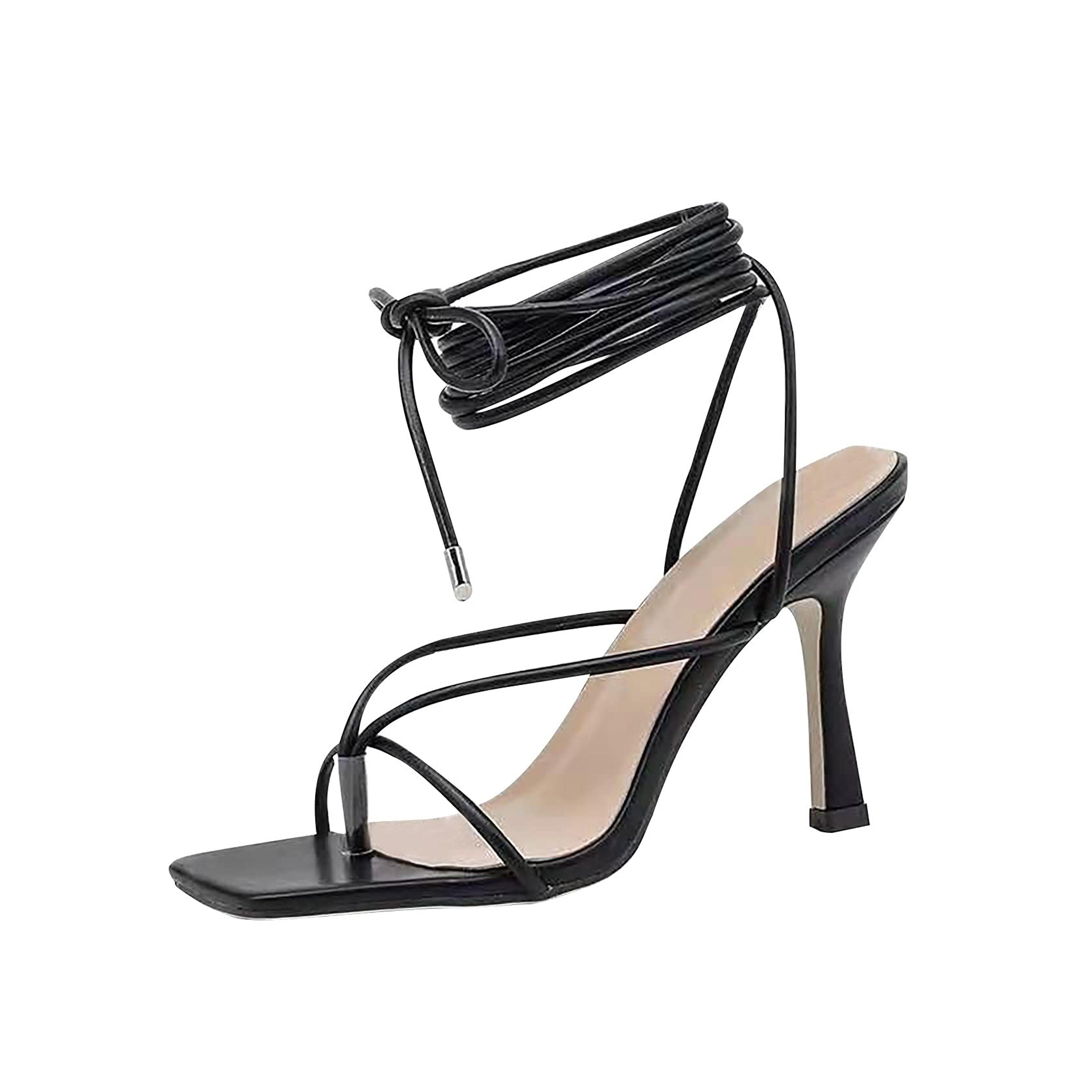 Women's Stiletto Heel Lace-Up Sandals,Summer Fashion Narrow Band Square Toe High Heels Cross Strap V Shape Shoes Black