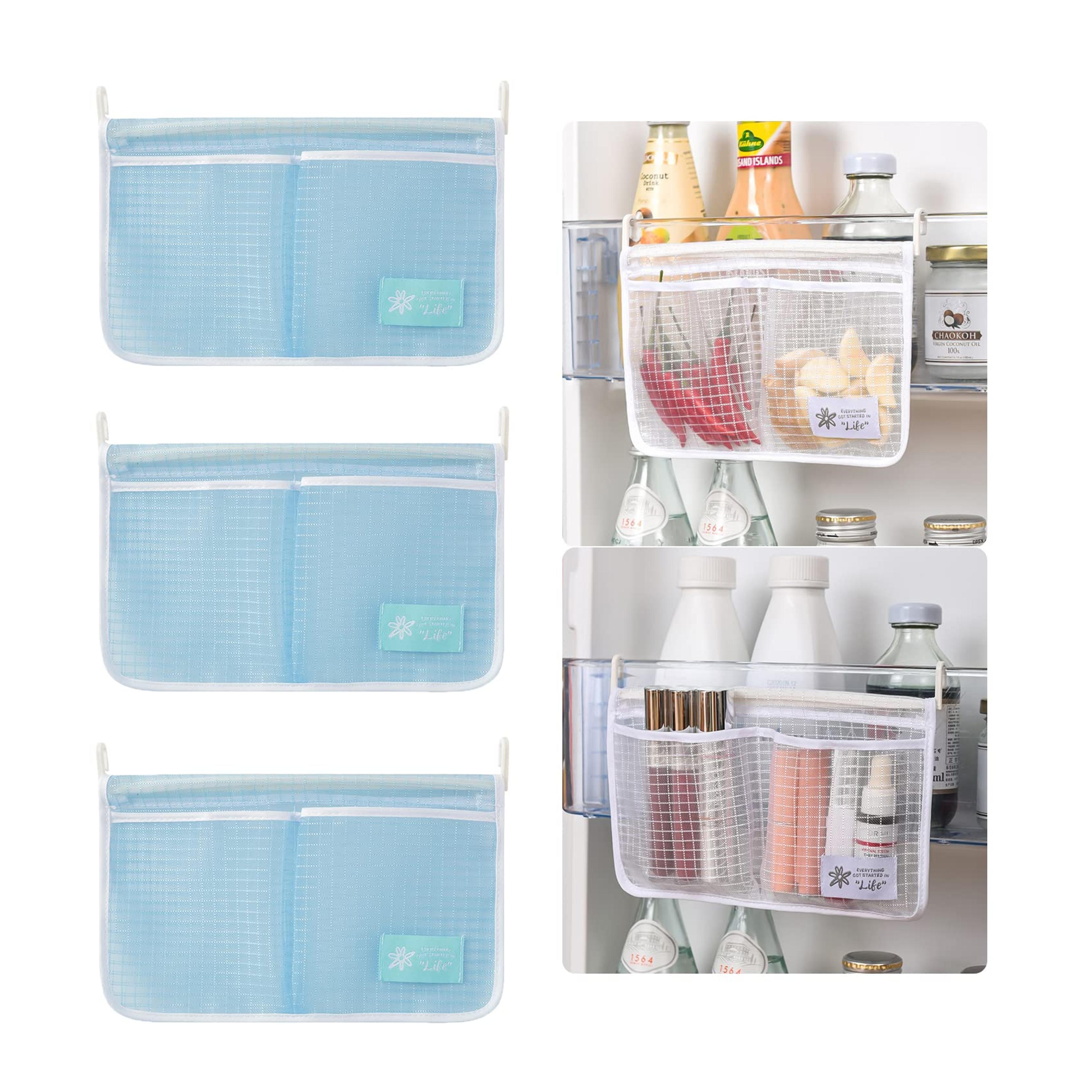 SHERXIBO refrigerator hanging storage mesh bag,3 Pack Kitchen Refrigerator Inside Door Organizer Mesh Bag and Small Sundries Hanging Storage Mesh Bag For Small Objects Storage Organize (Blue)