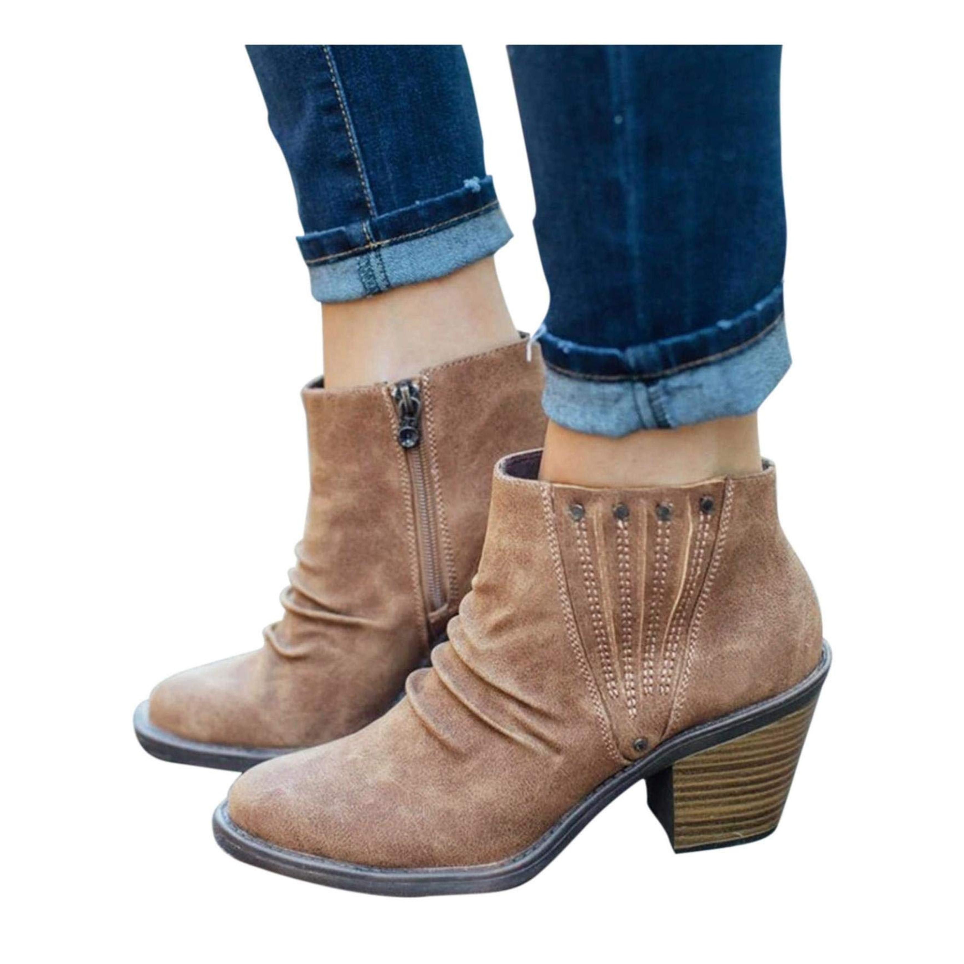 Amazon.com: Ankle Boots for Women with Heel,Women's Wedges Ankle Booties Retro V Cutout Comfy Short Boots Flock Leather Zip Closure Stacked Chunky Block Heels Shoes : Clothing, Shoes & Jewelry