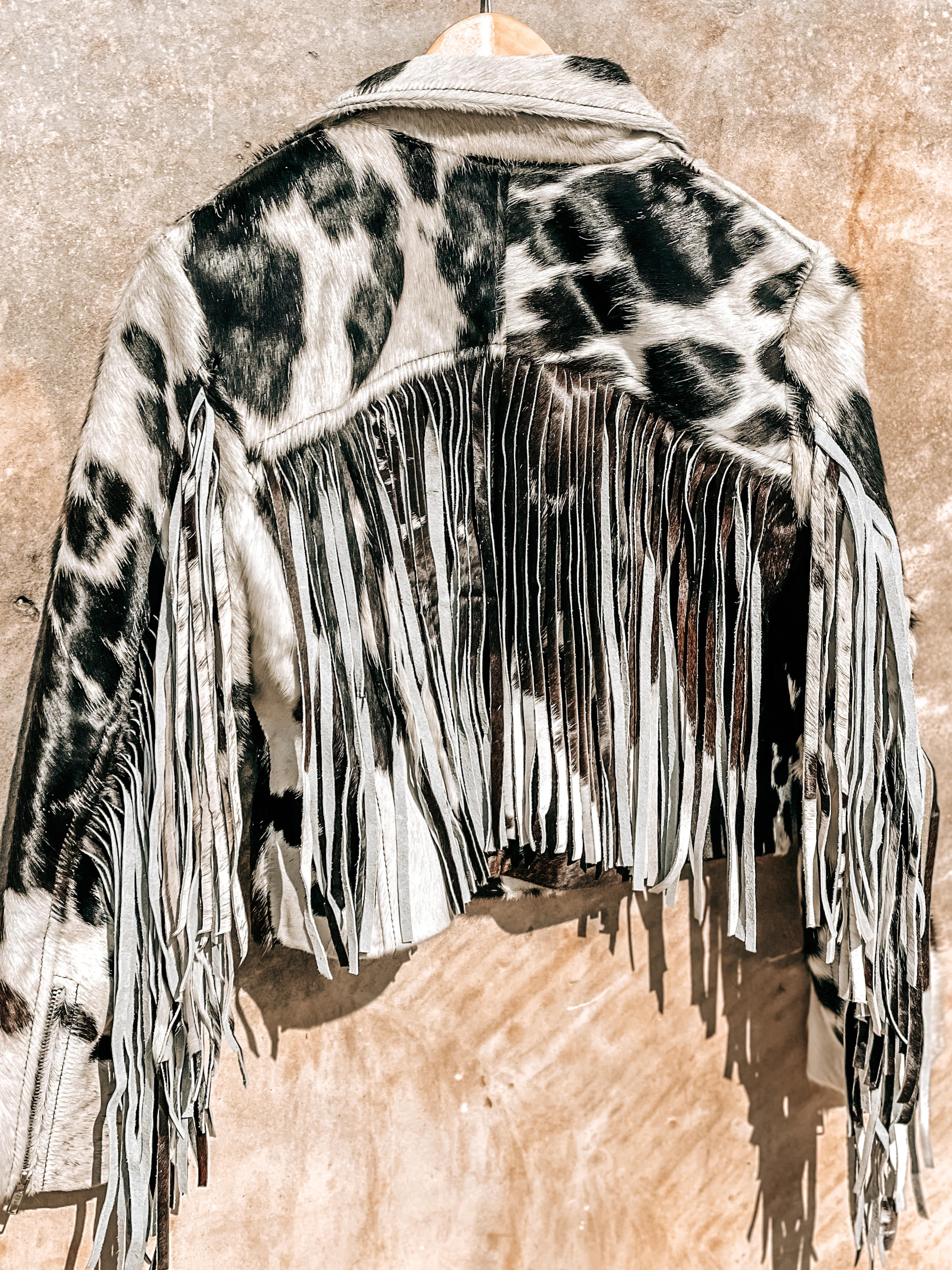 COWHIDE FRINGE JACKET- BLACK – 7 Bar Boutique