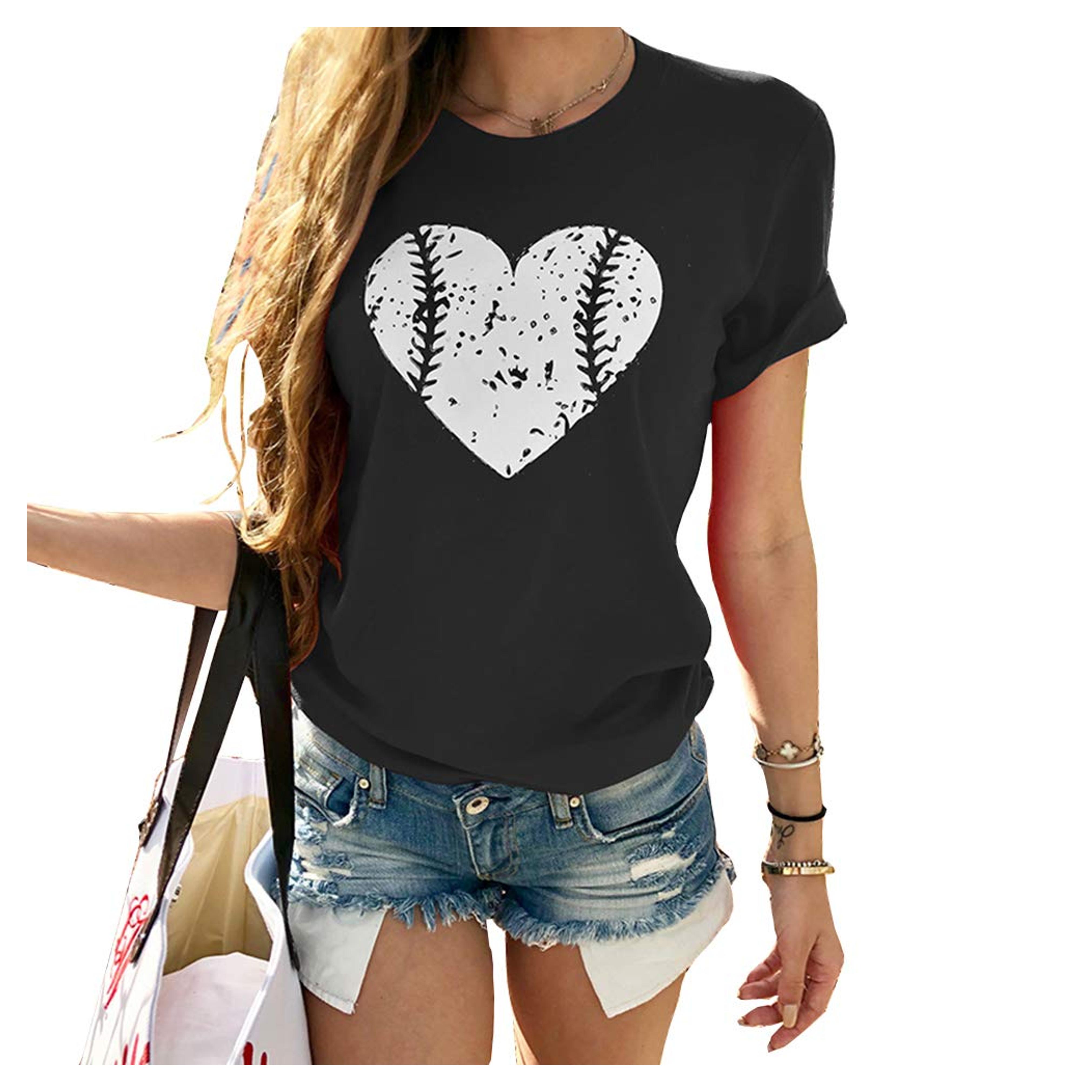 Cicy Bell Women's Baseball Graphic Tees Shirts Short Sleeve Love Heart Print Casual Summer Tops Black at Amazon Women’s Clothing store