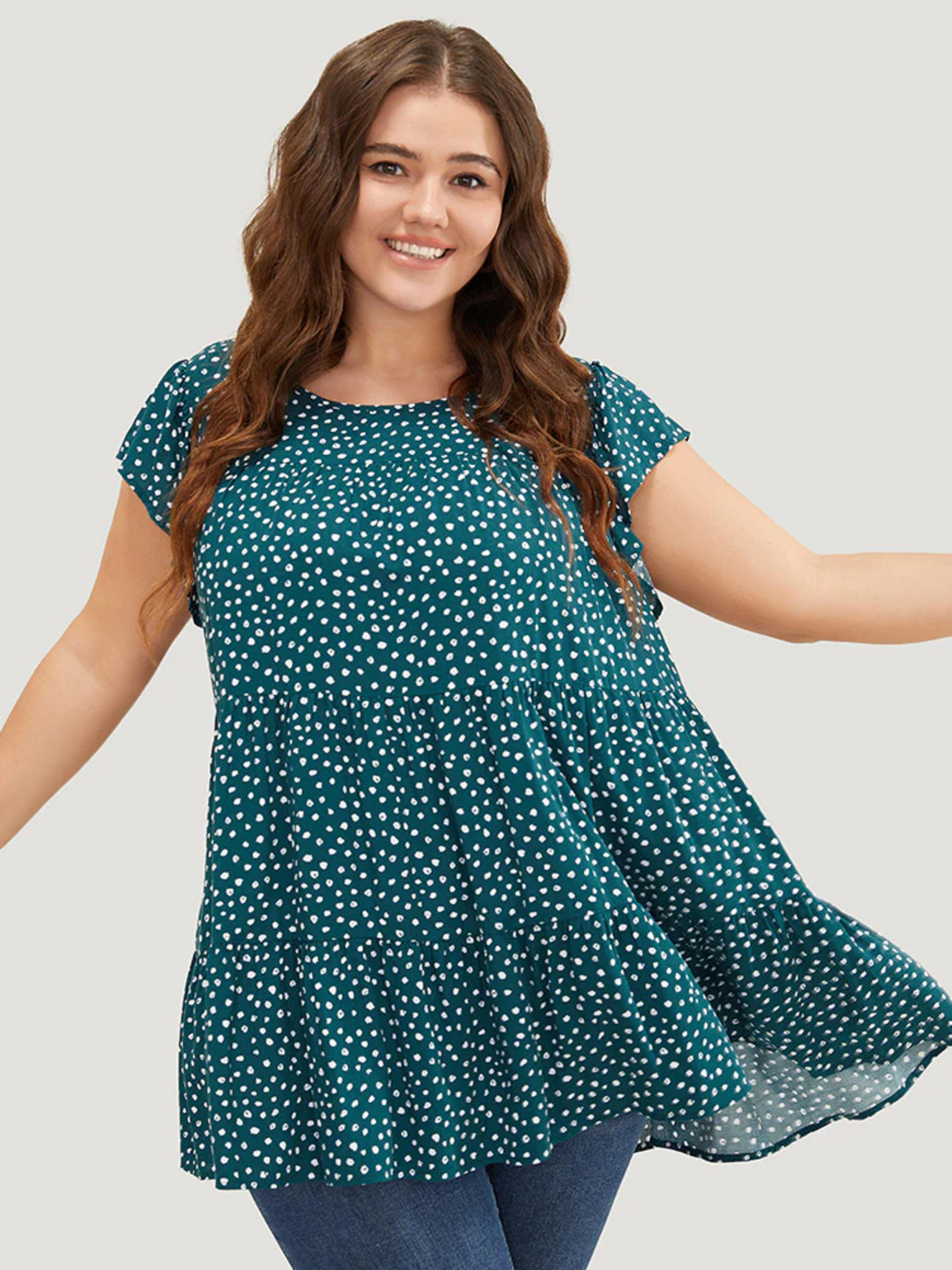 Allover Print Cap Sleeve Ruffle Hem Gathered Blouse - Cyan / 14-16/1X