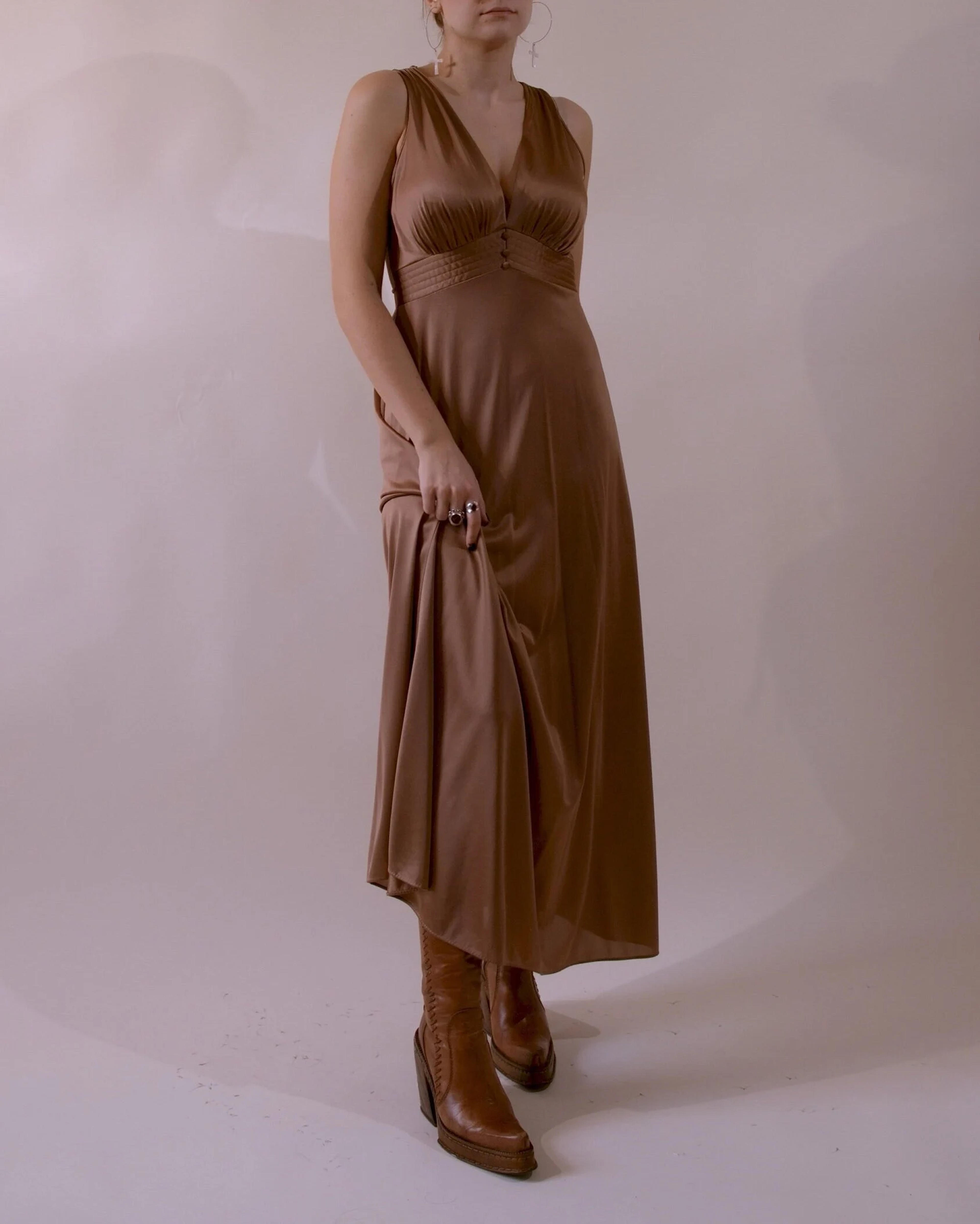 Copper Brown 70s Maxi Slip Dress