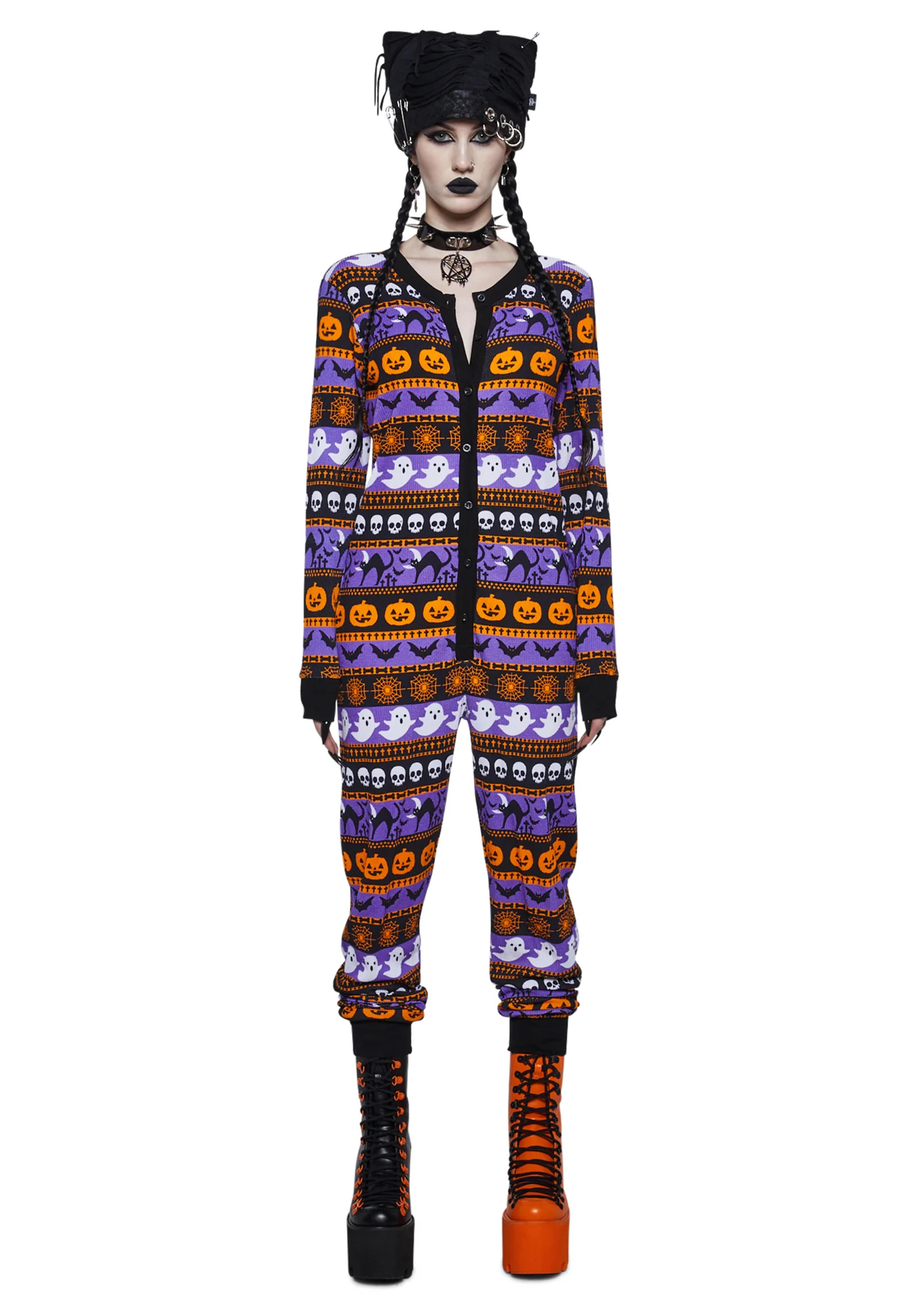 Trickz N Treatz Thermal Fairisle Onesie - Purple/Orange/Black – Dolls Kill