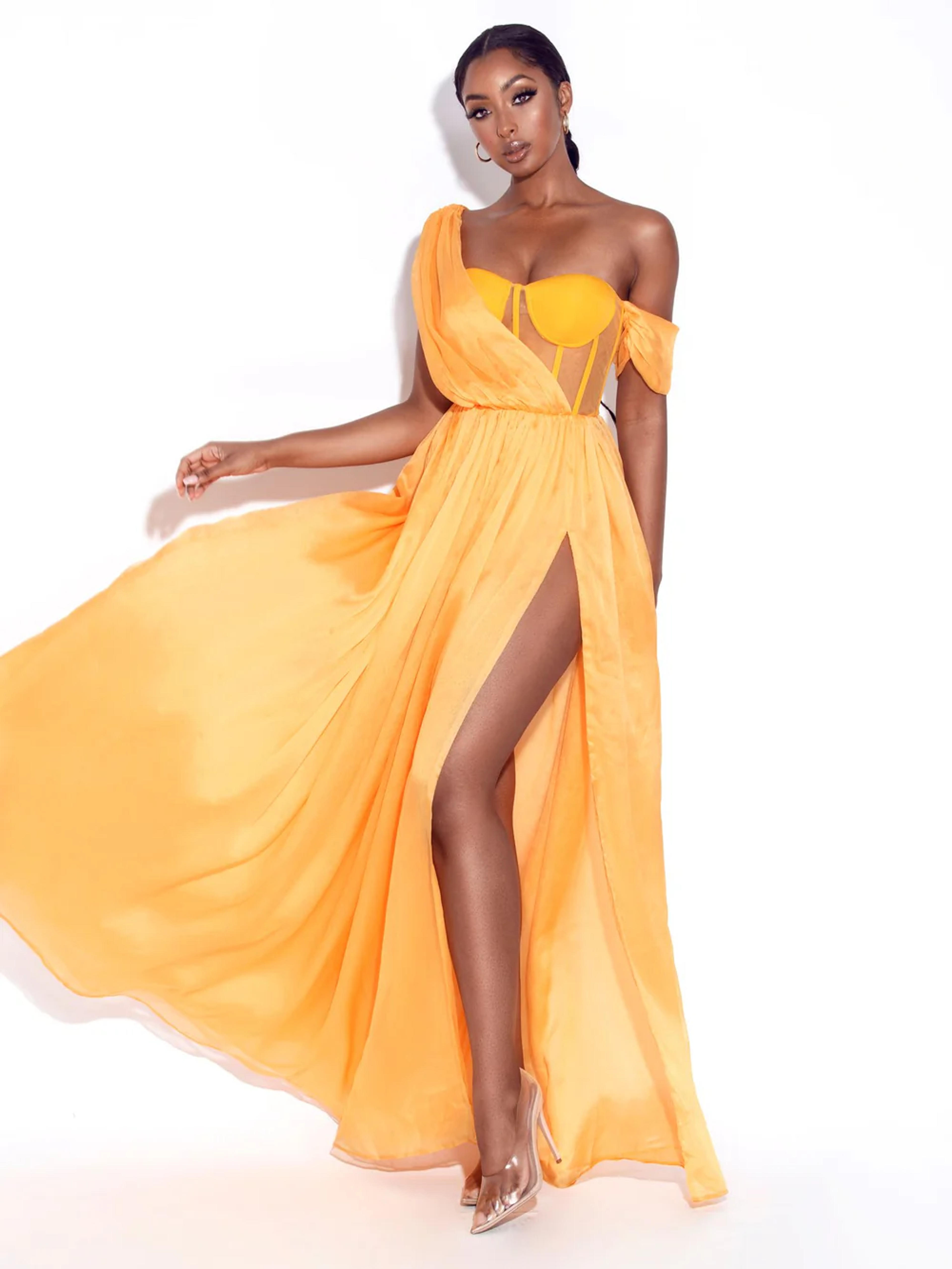 Back In Style Orange Chiffon Pleated Corset High Slit Maxi Dress – Miss Circle