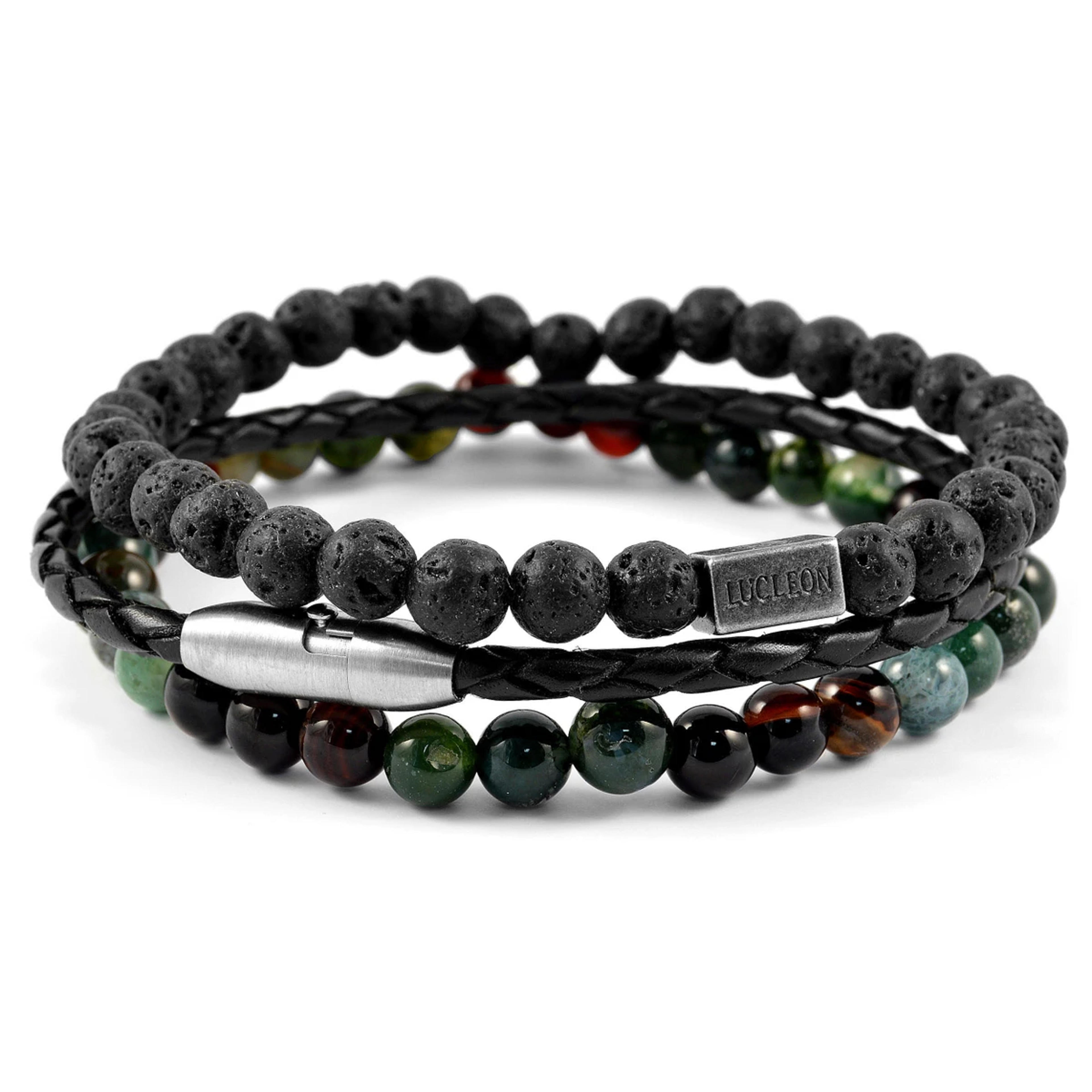 Green Natural Stone & Black Lava Rock & Leather Cord Bracelet Set | In stock! | Lucleon