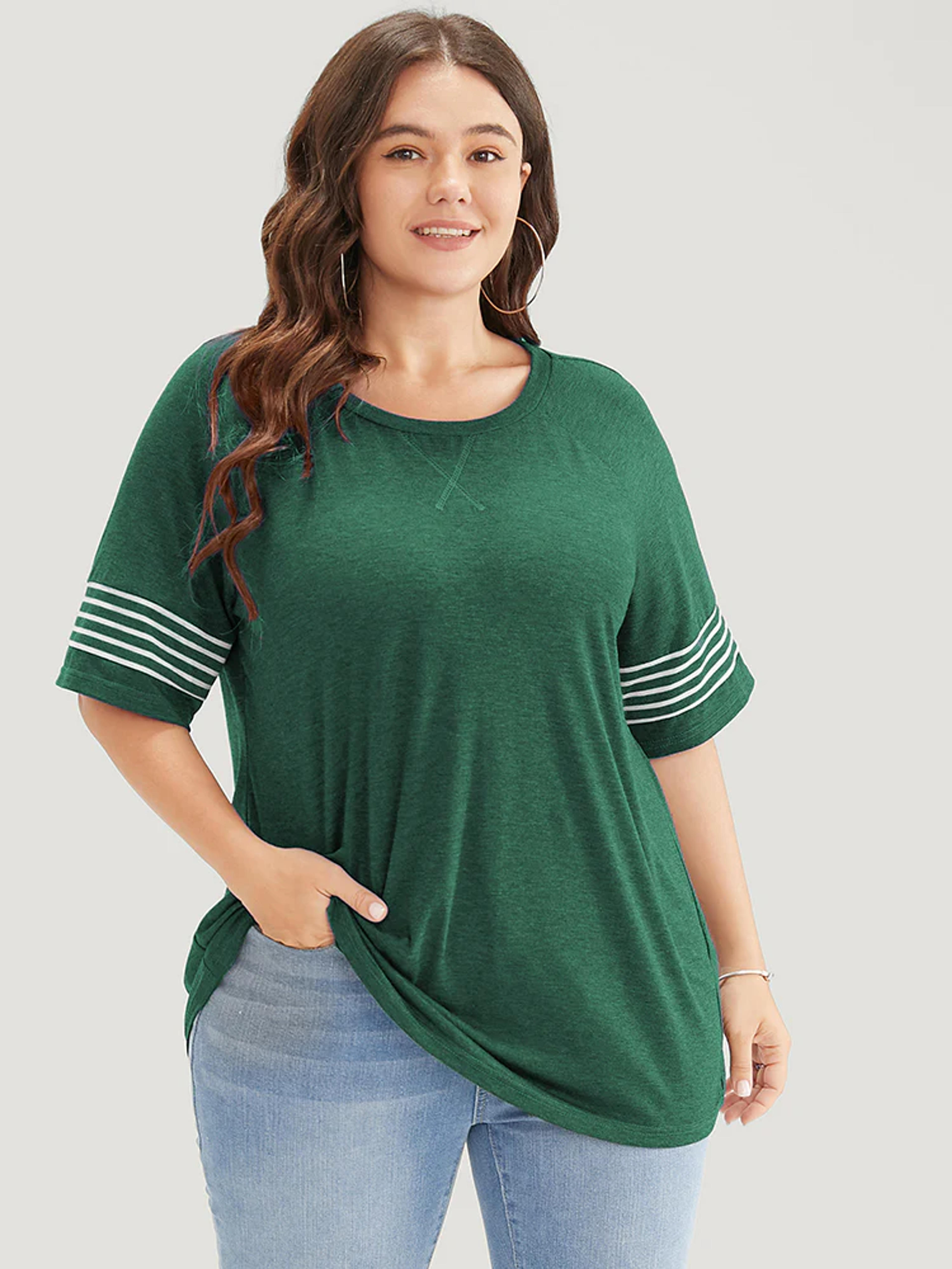 Striped Contrast Raglan Sleeve Crew Neck T-shirt - Emerald / 22-24/3X