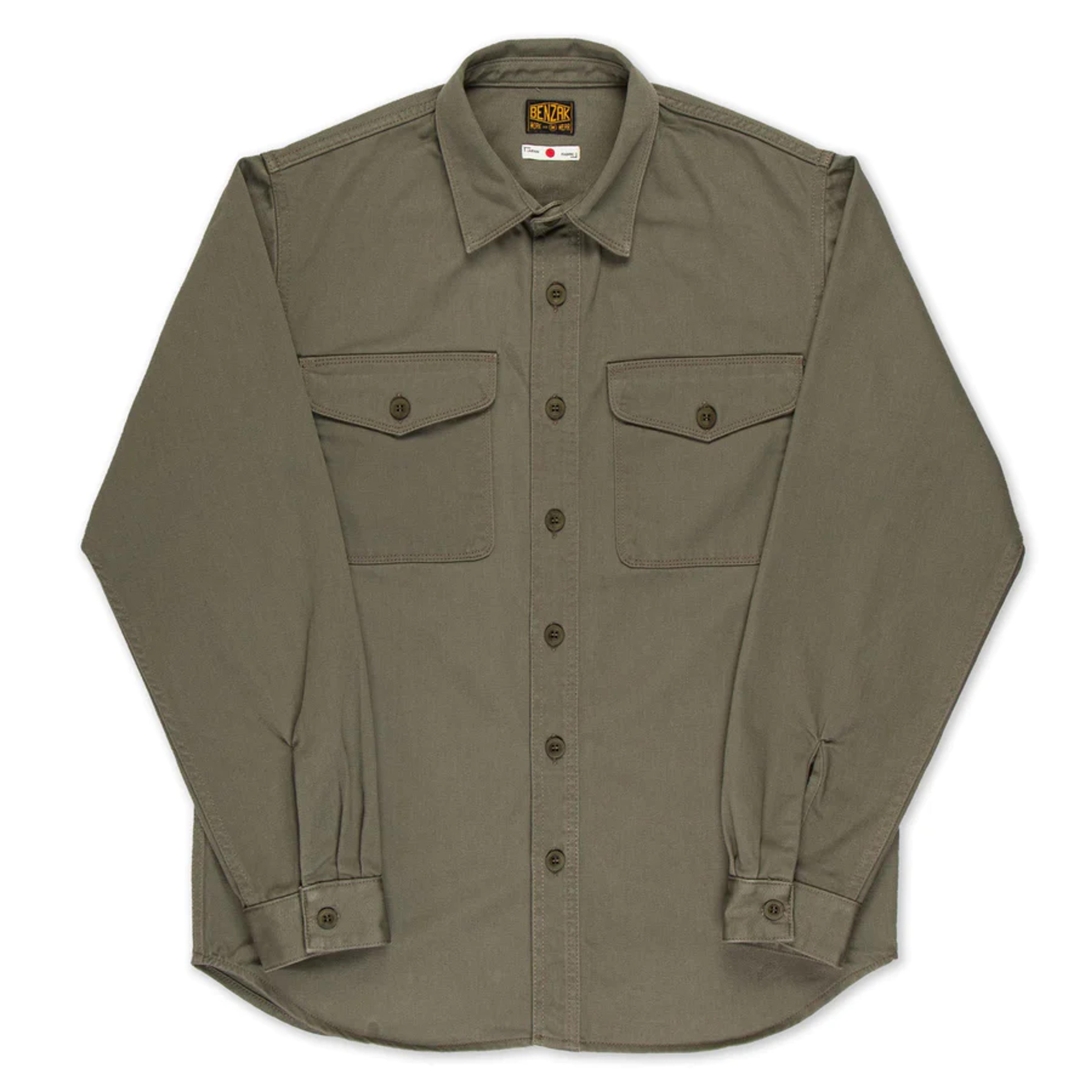 BWS-04 SCOUT OVERSHIRT 9.5 oz. olive green military sateen | BENZAK – Benzak Denim Developers