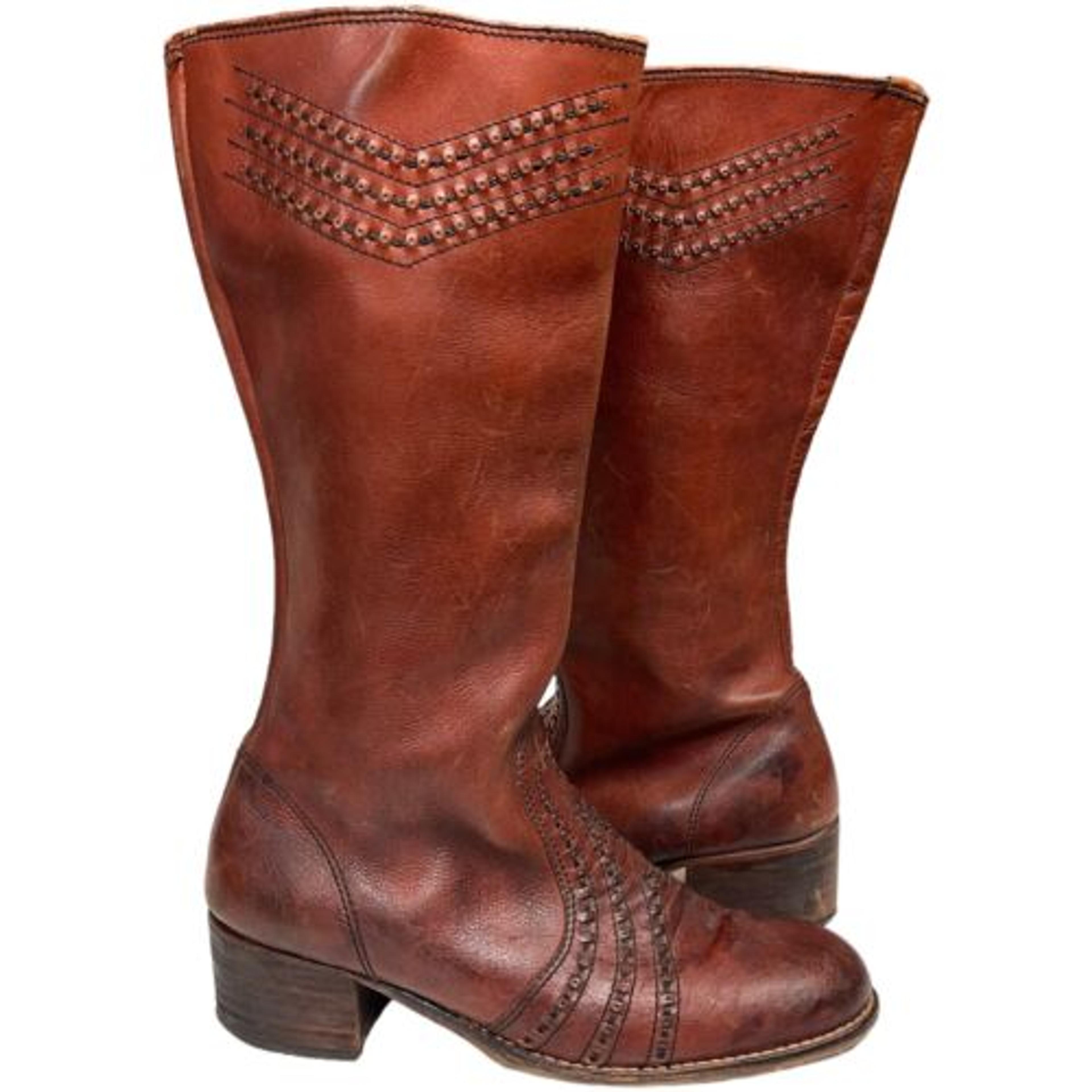 Vintage 70’s Heeled Boots Chestnut Stitched Woven Detail Women’s Size 10.5 D