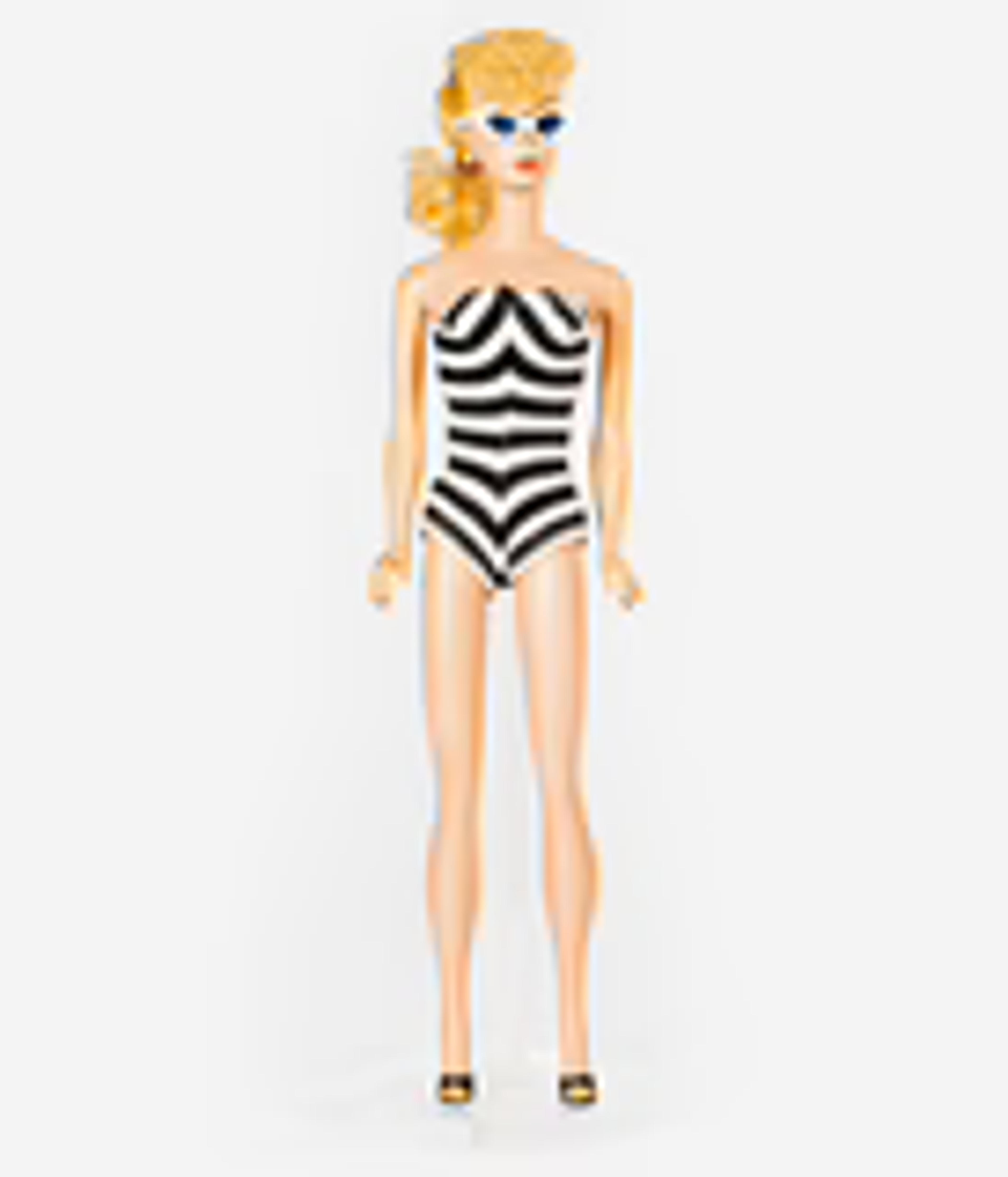 Barbie x Unique Vintage Black & White Chevron Stripe One Piece Bathing