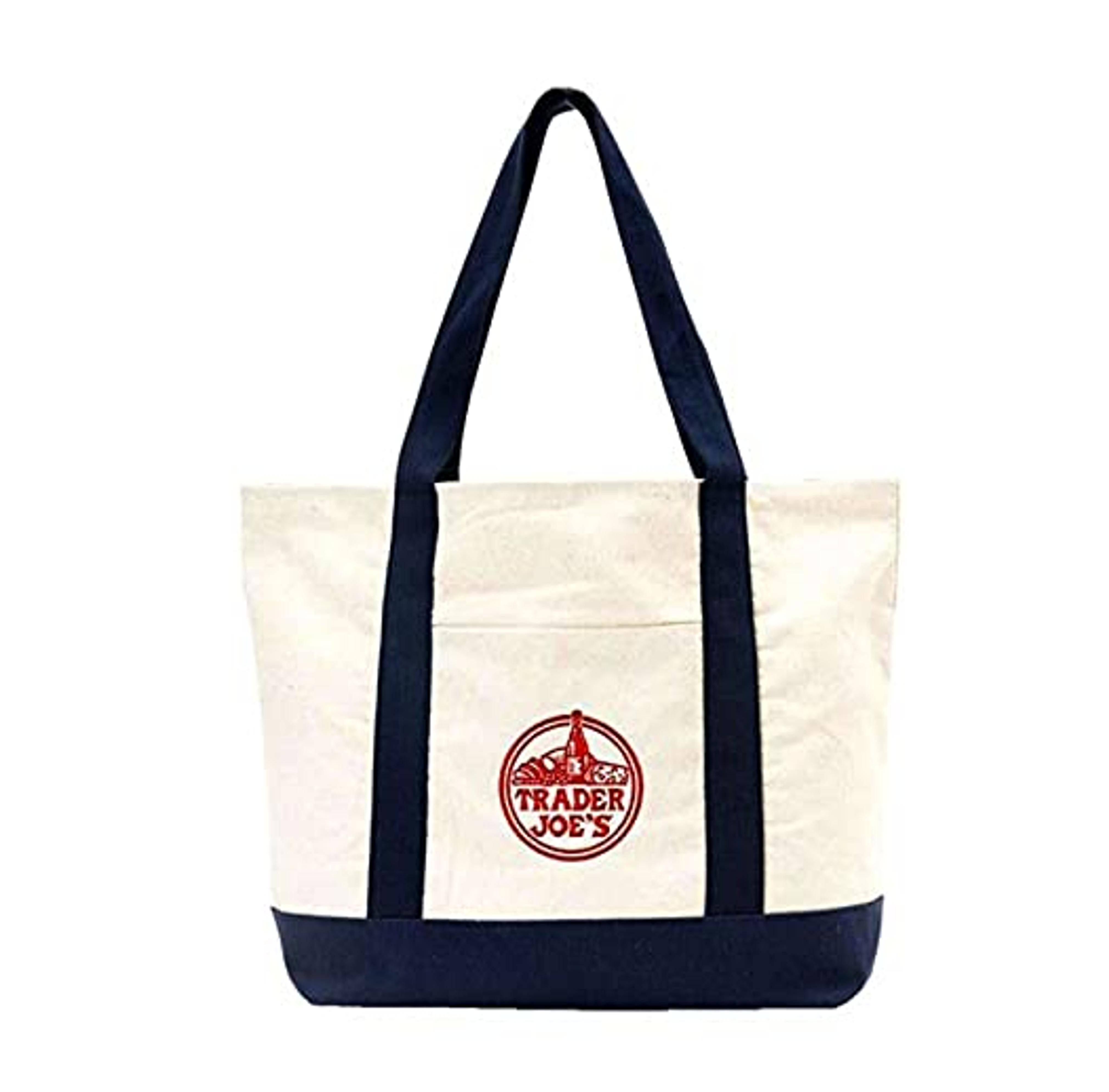 Large Trader Joe's Shopping Bag Tote Beach Bag Book Bag Cotton Canvas Embroided