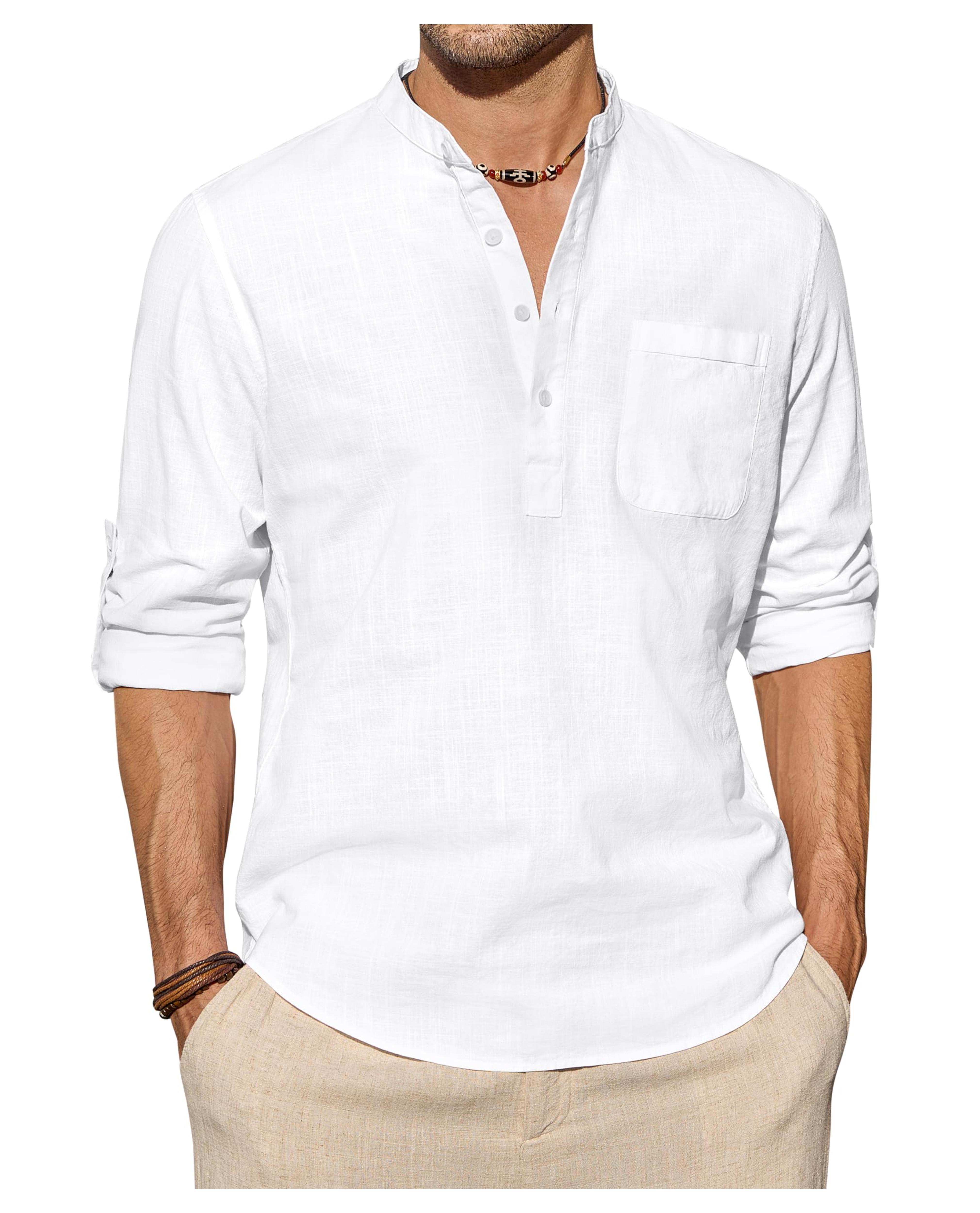 J.VER Men's Casual Linen Henley Shirts Solid Long Sleeve Vacation Shirts with Pocket A-White Large at Amazon Men’s Clothing store