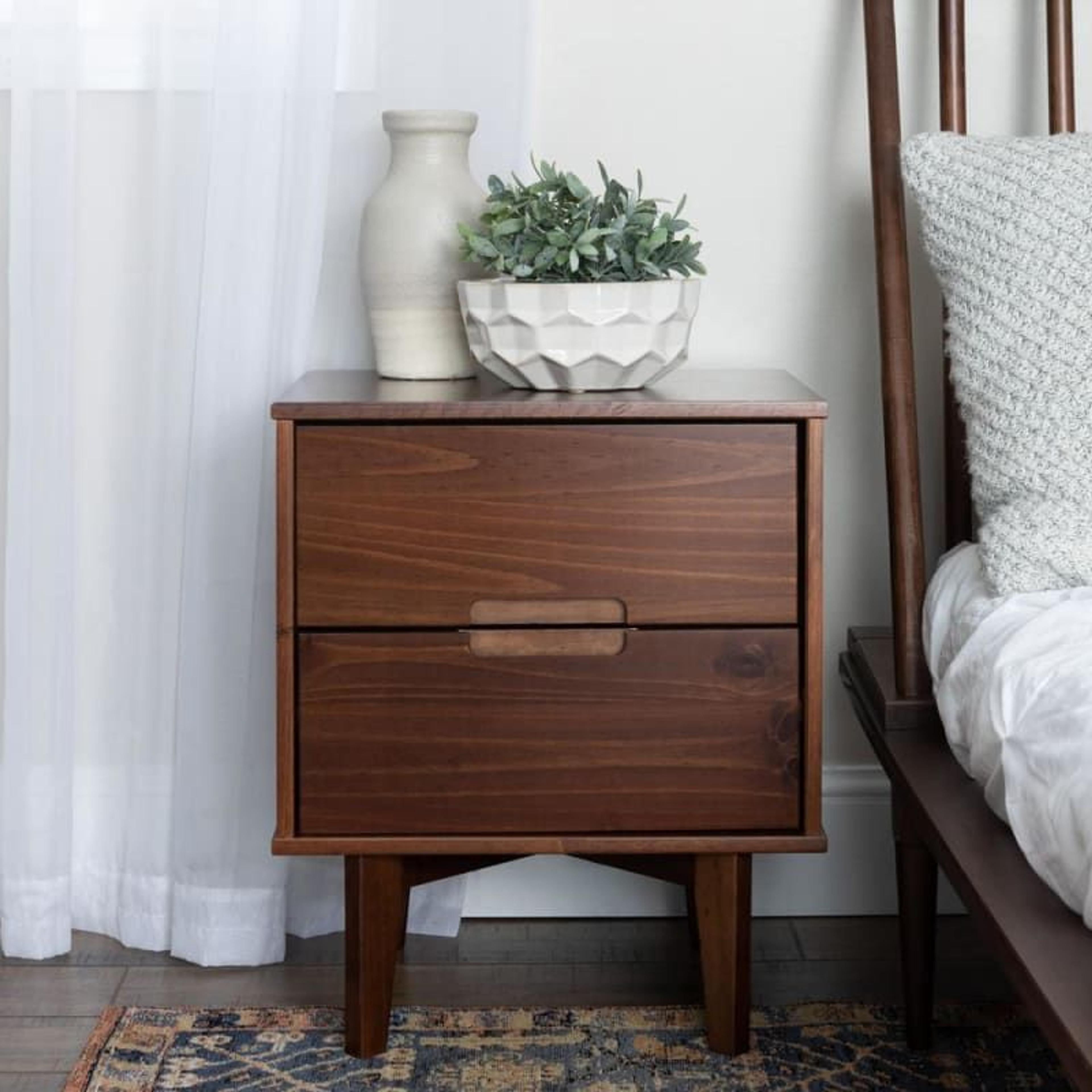 Delacora WE-BDR2DSLNS Austin 20" Wide Wood Mid-Century Modern Nightstand End Table with 2 Drawers with Cutout Pulls Walnut Indoor Furniture Storage