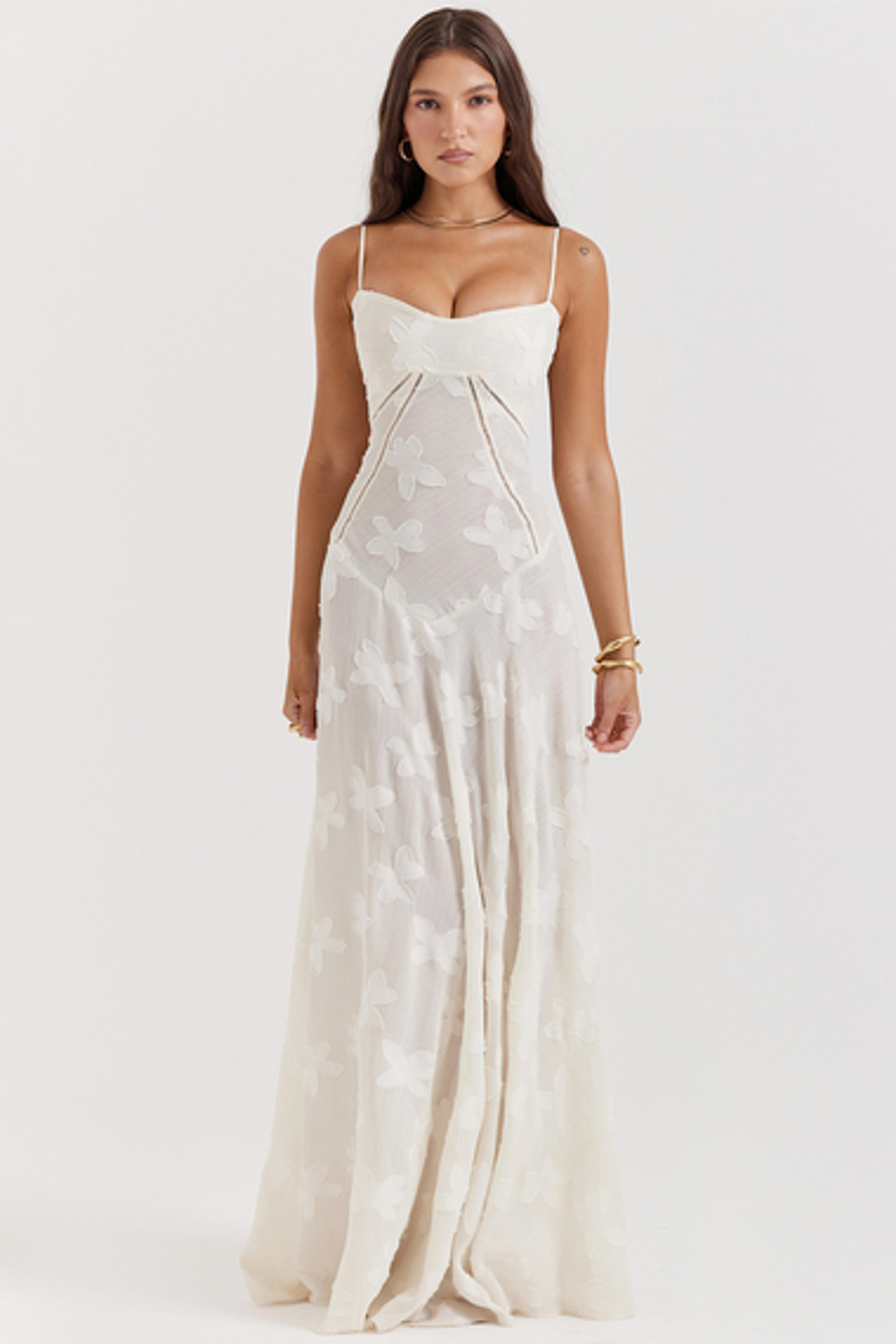 Clothing : Maxi Dresses : 'Seren' 'Seren' Vintage Cream Floral Lace Back Maxi Dress