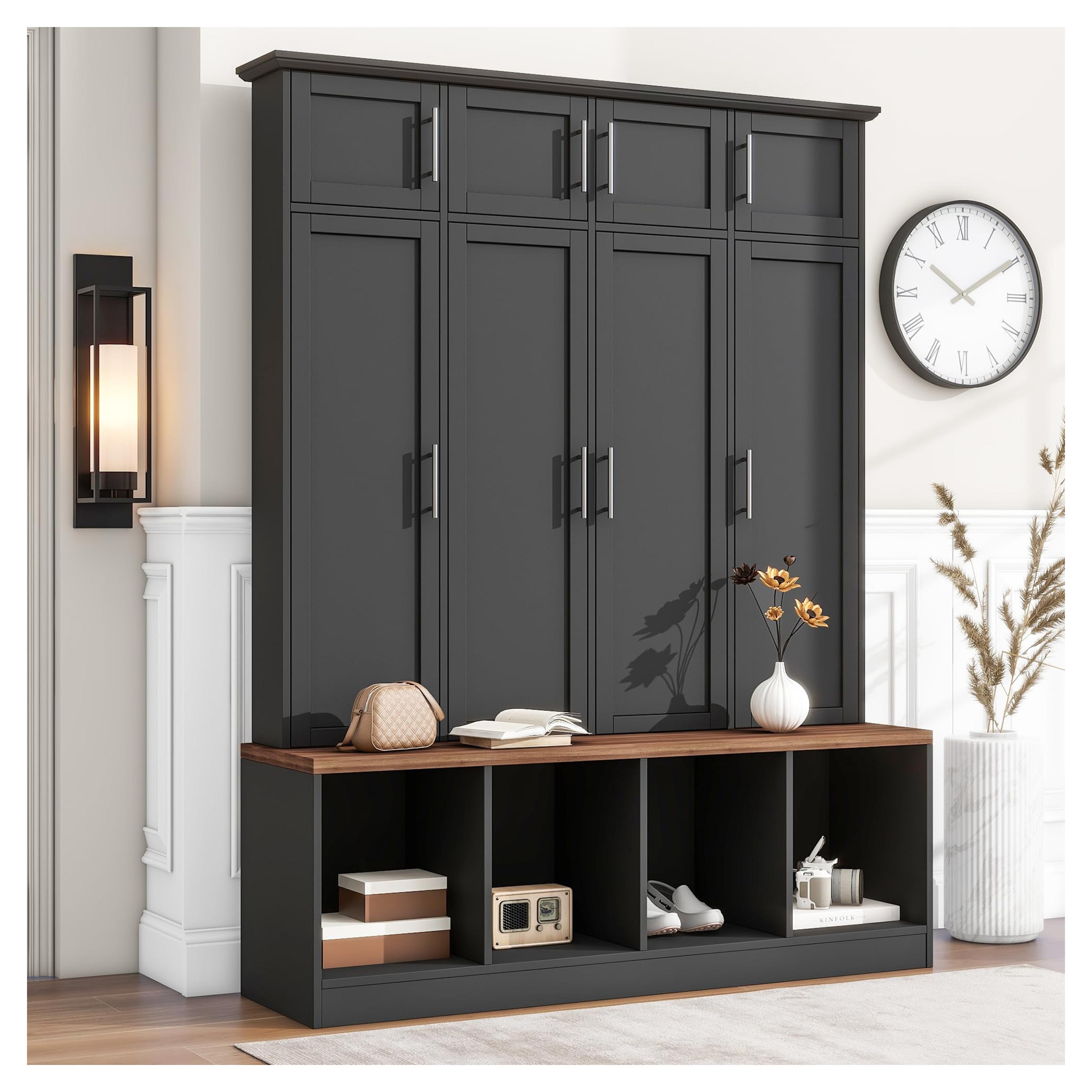 Amazon.com: Multi-Functional 59'' Wide Hall Tree with 4 Hidden Hanging Hooks, Brown Wood Grain Minimalist Shoe Cabinet, Entryway Cabinet Coat Hanger with Open Compartments for Living Room Hallway (Black-Hid) : Home & Kitchen