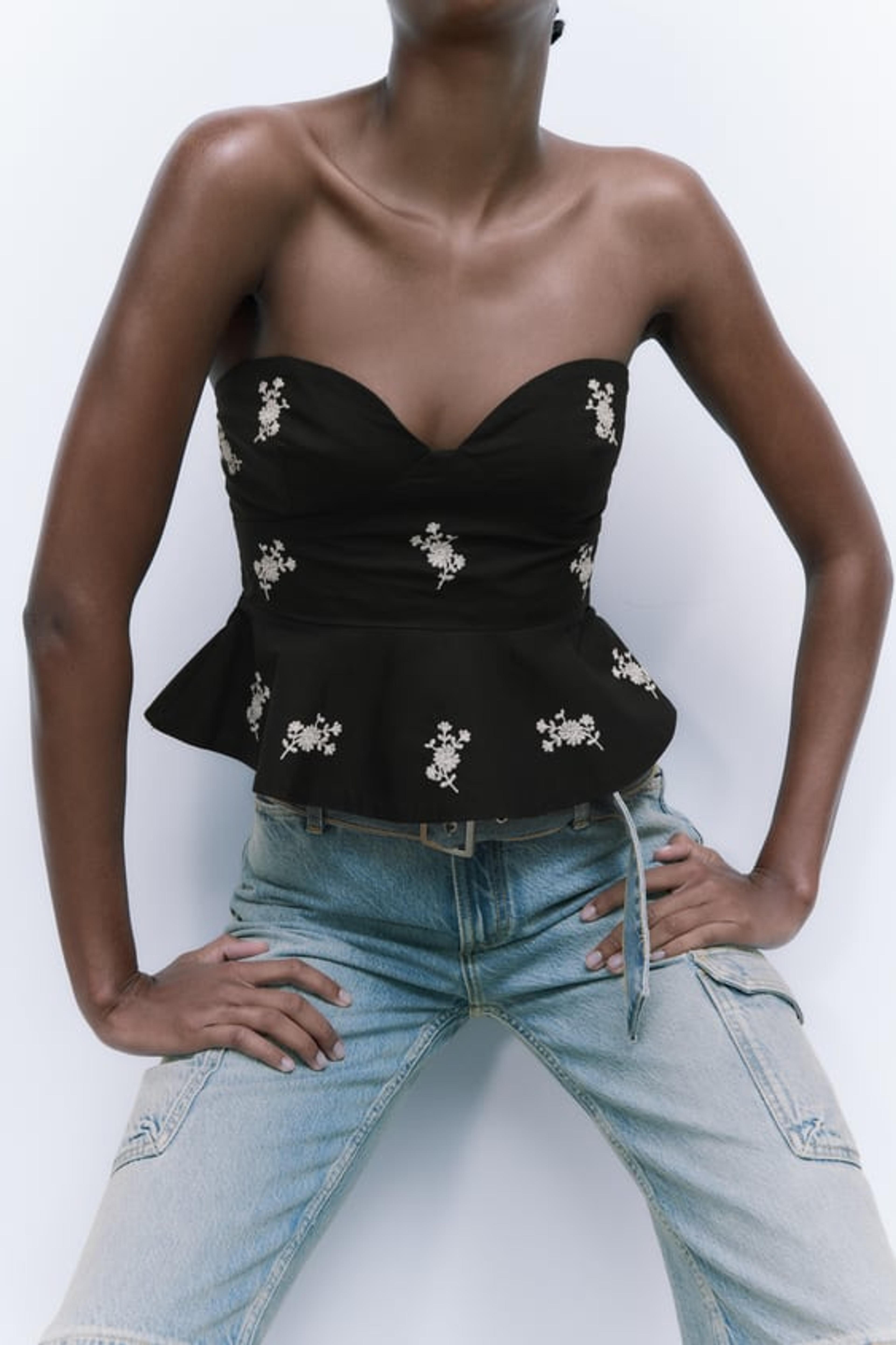 EMBROIDERED FLORAL POPLIN TOP - Black | ZARA United States