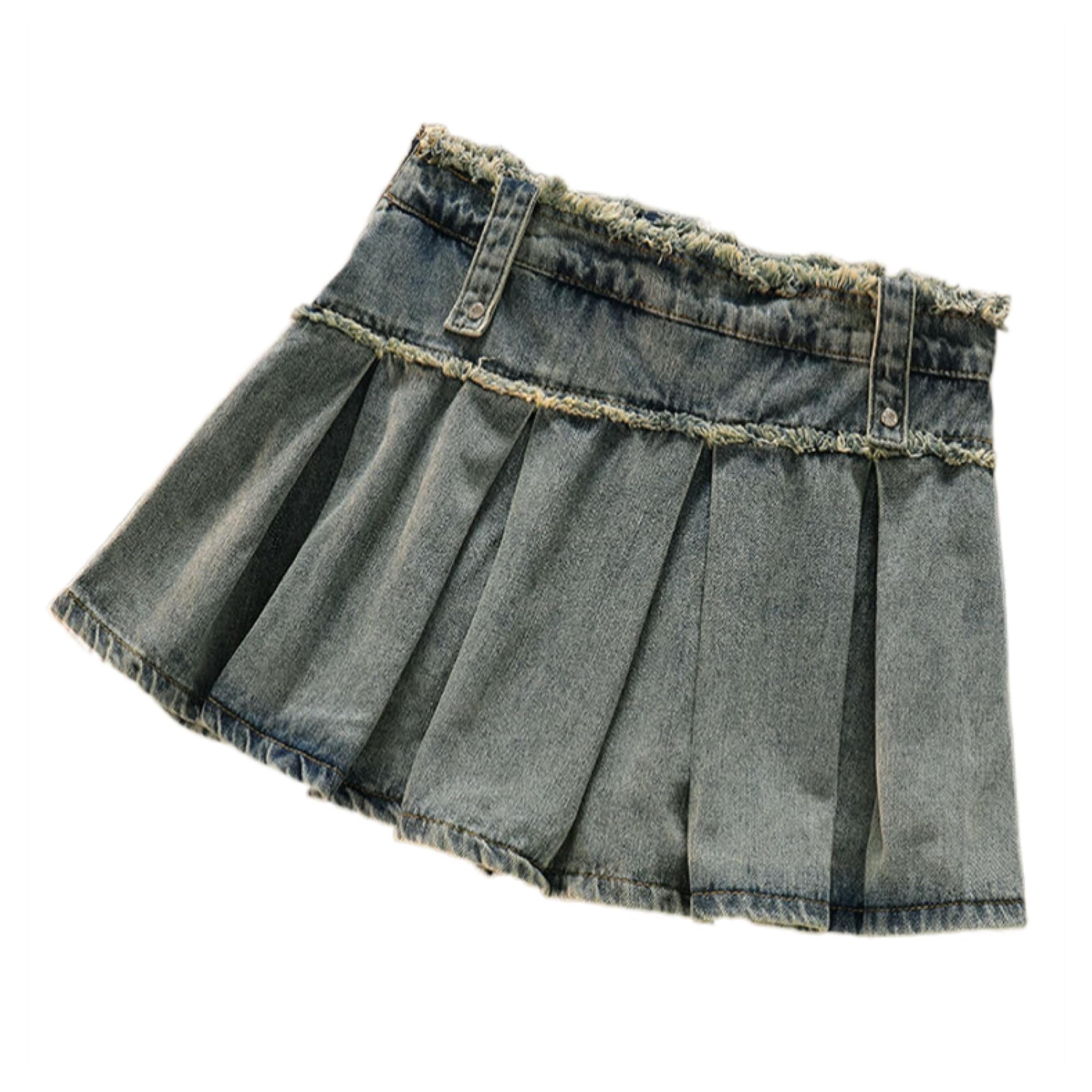 OLEETS Women's Denim Short Skirt - Summer Autumn Pleated Skirt Women Vintage Streetwear High Waist A-Line Korean STYL
