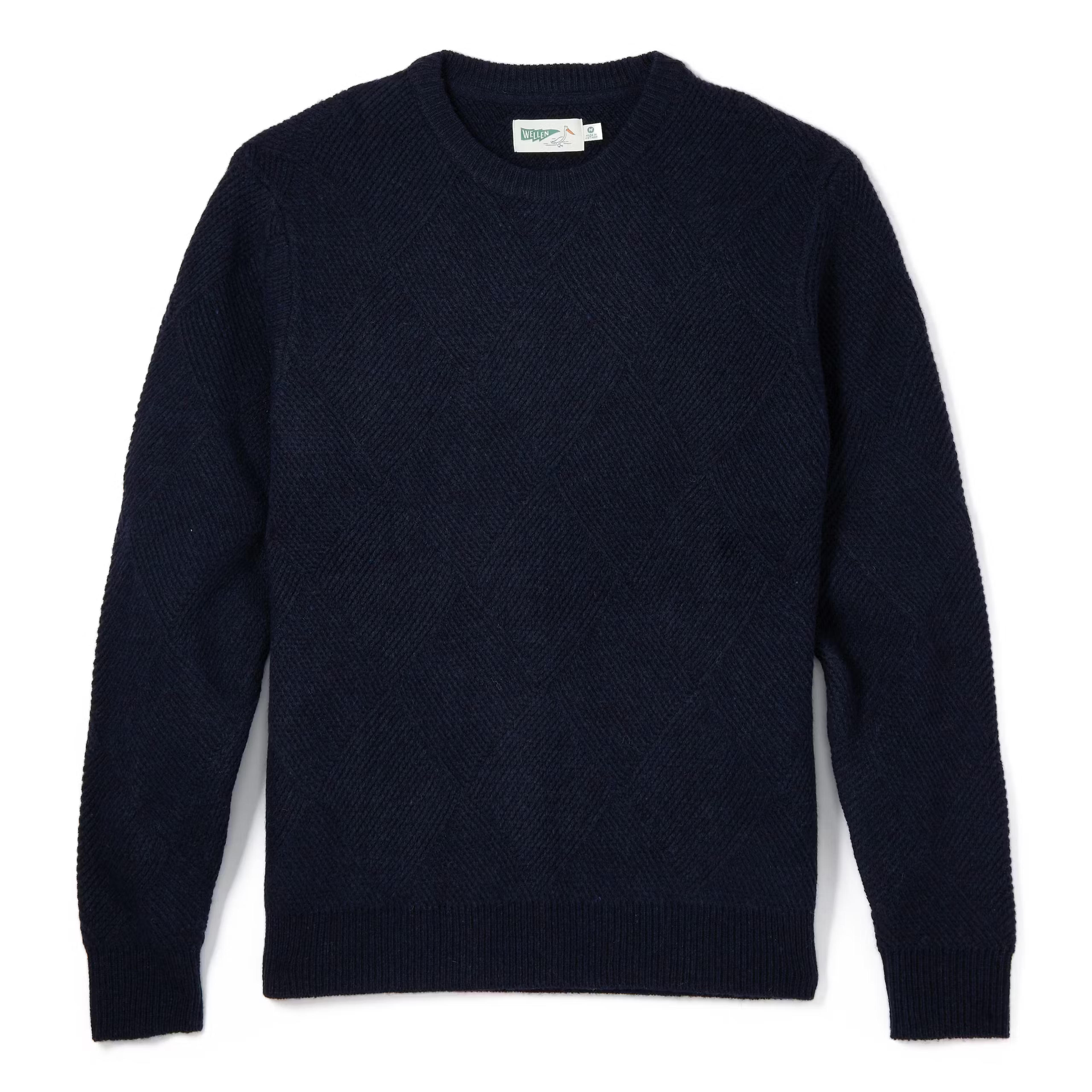 Wellen | Recycled Wool Diamond Crewneck Sweater | Navy | Size: XXL | Pullover ...