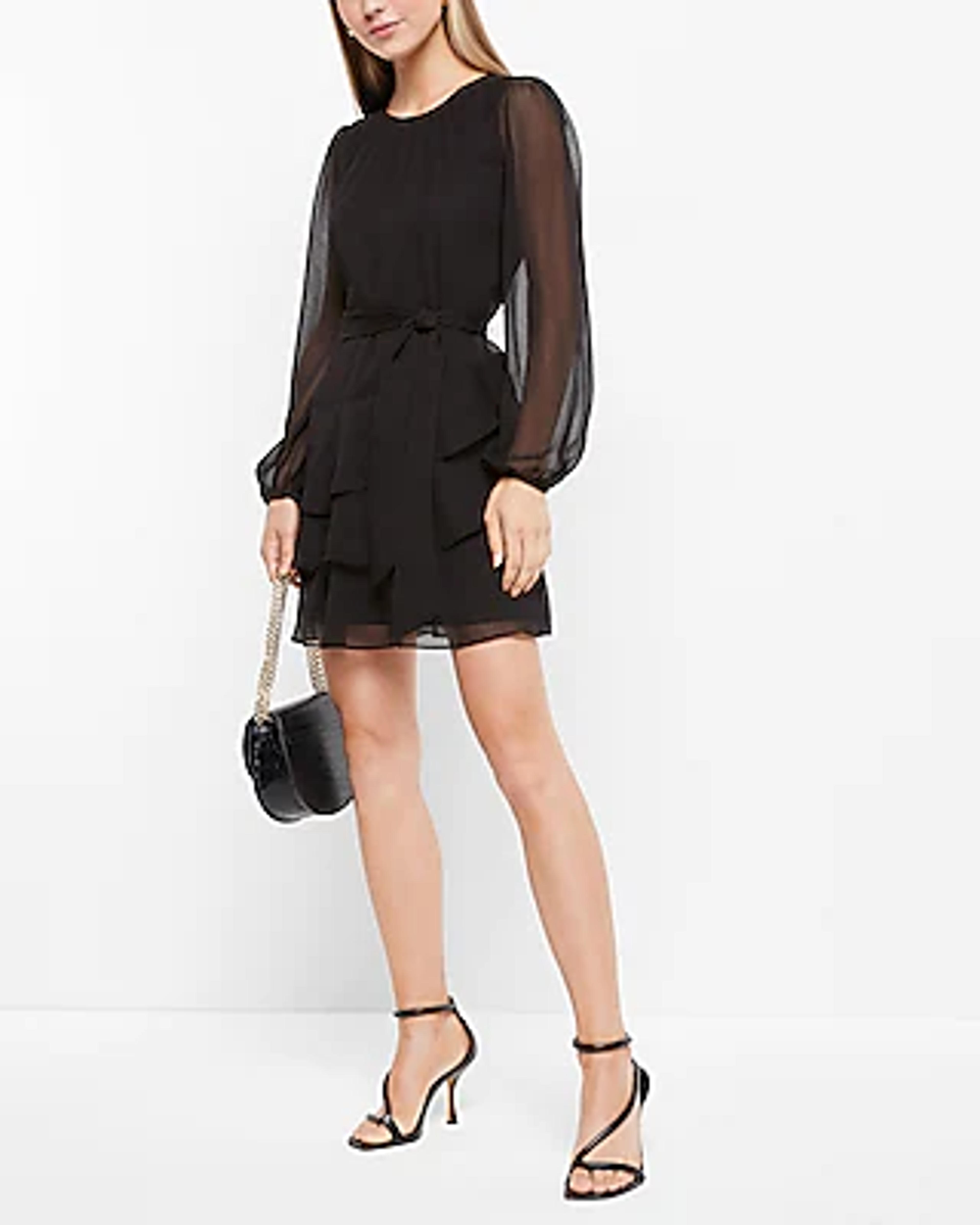 Long Sleeve Tie Waist Tiered Ruffle Mini Dress | Express