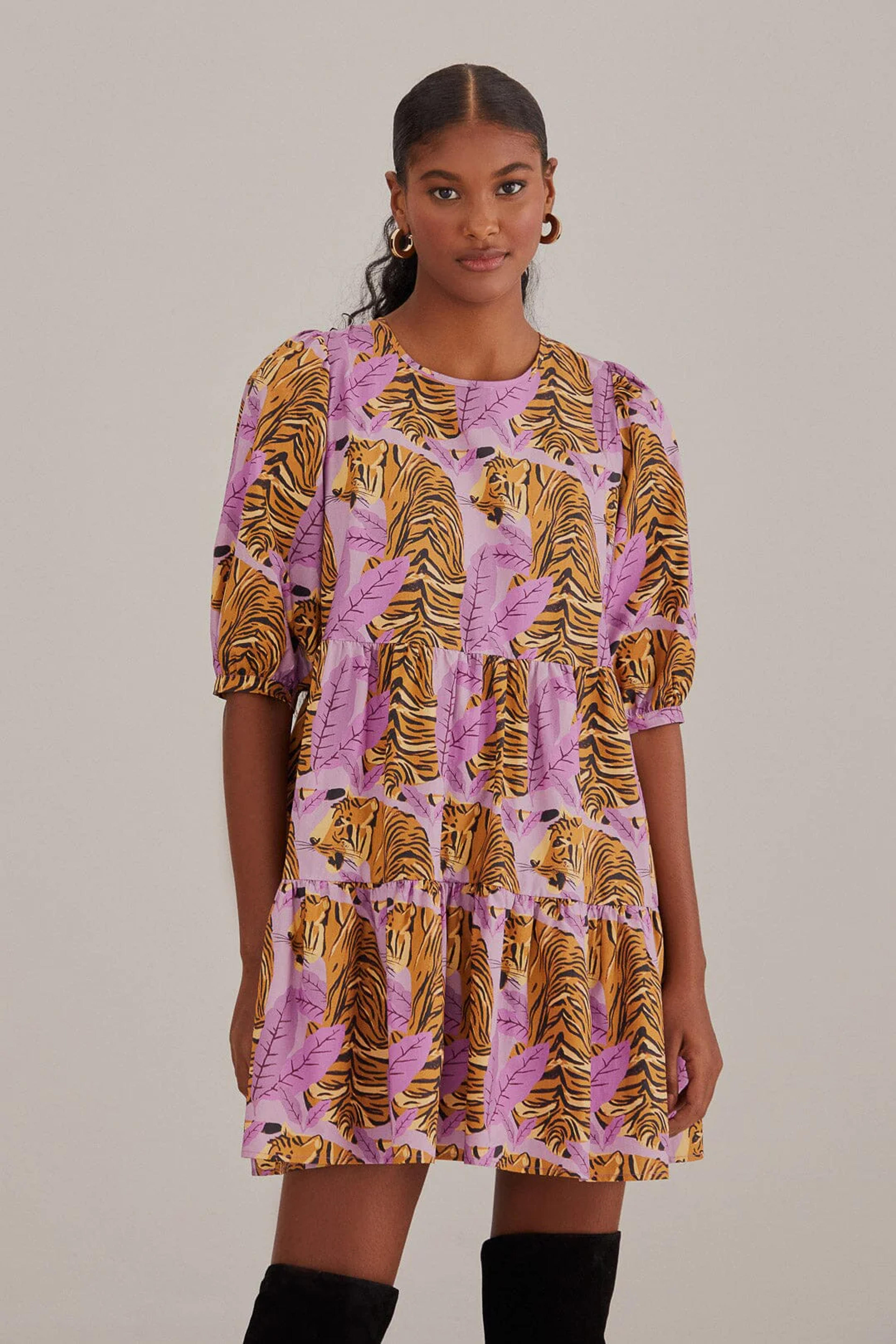 Lavender Tiger Leaves Puff Sleeve Mini Dress – FARM Rio