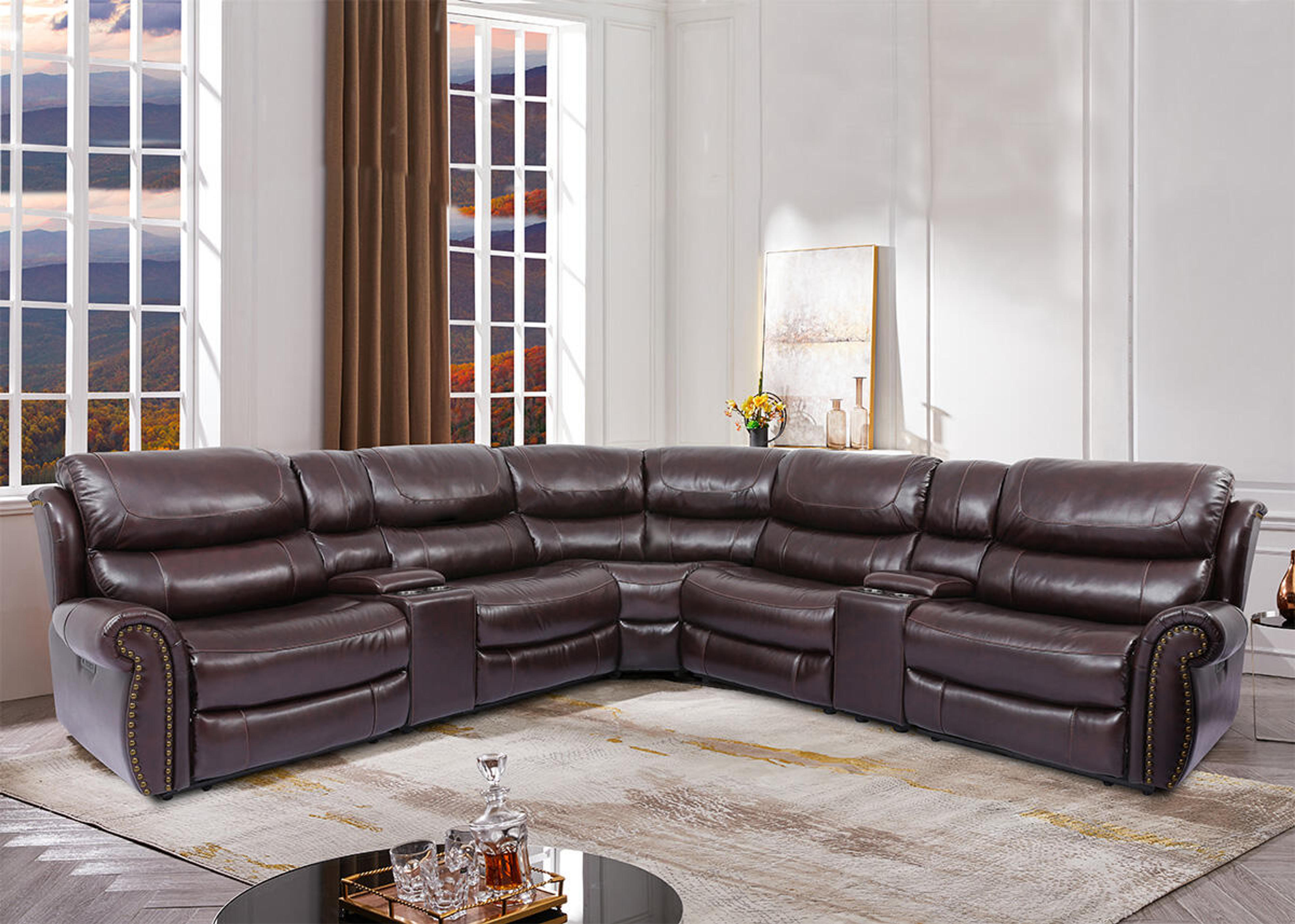 Hartford Brown Cherry Leather 7 Pc. Power Sectional W/ Armless Power Recliner - The RoomPlace