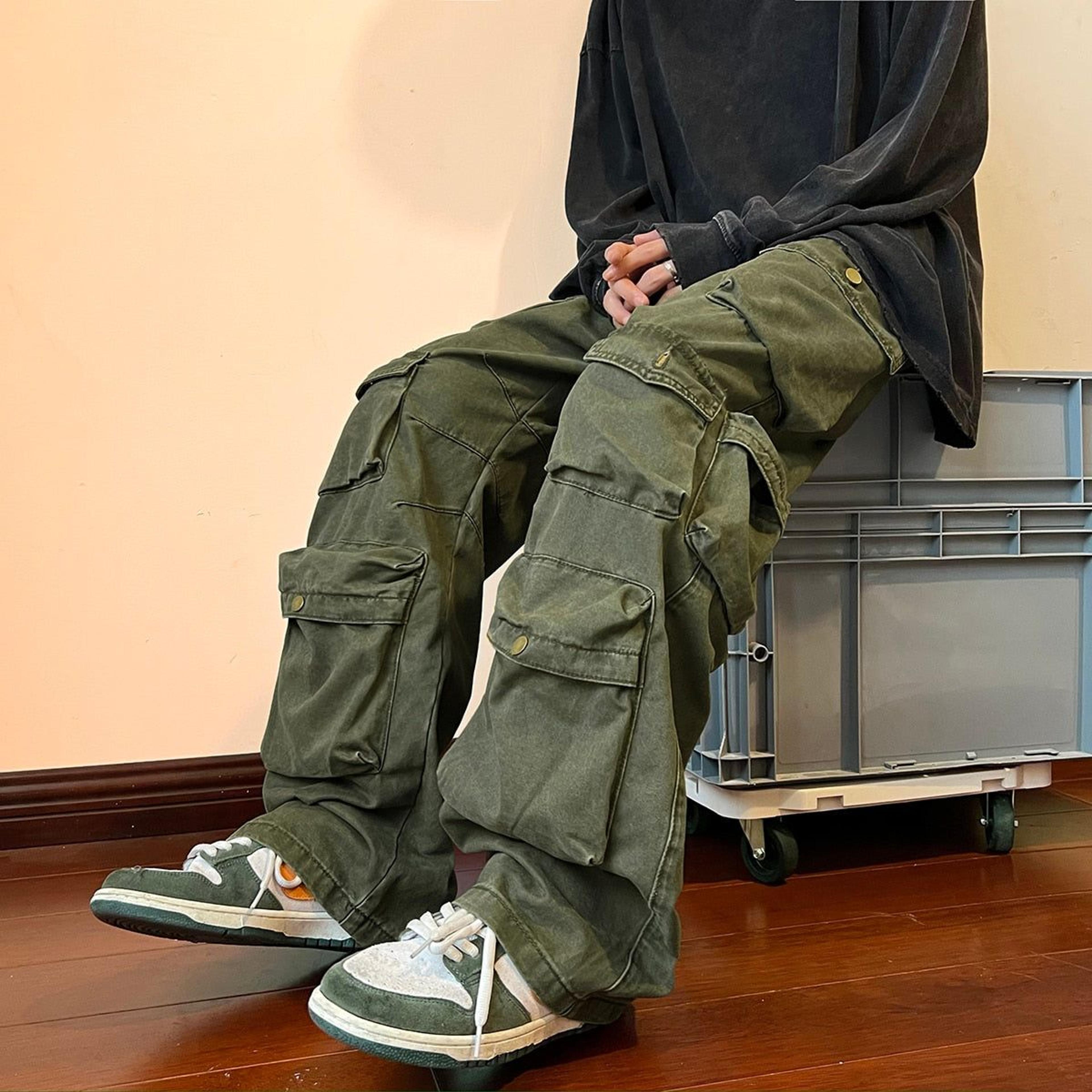 Cargo Pants Multi-pockets Tooling Pant Harajuku Vintage Loose Wide Leg Pants - Asian XXL(175-185cm) / Army Green