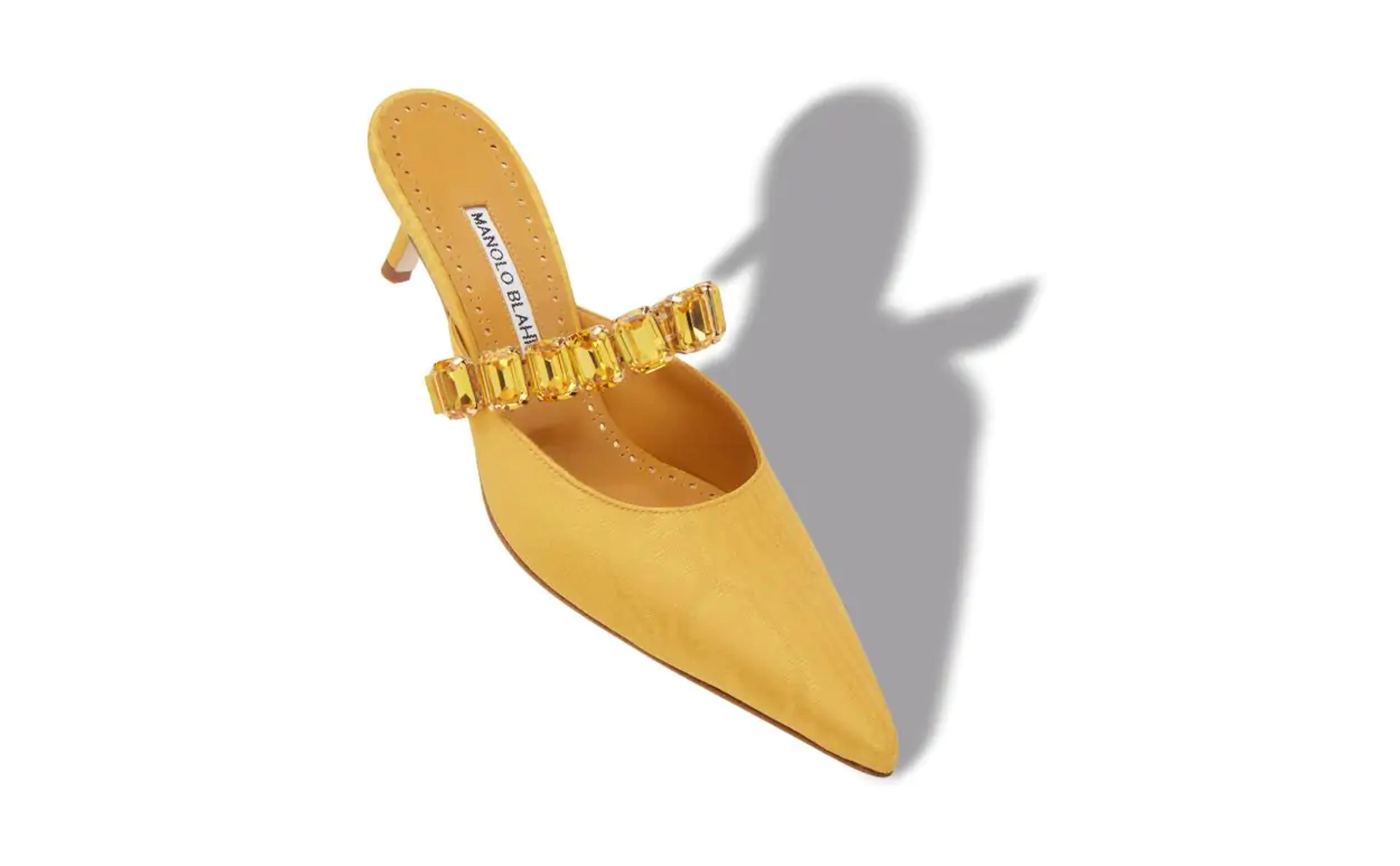 HUMIBAMU | Yellow Moire Jewel Strap Mules | Manolo Blahnik