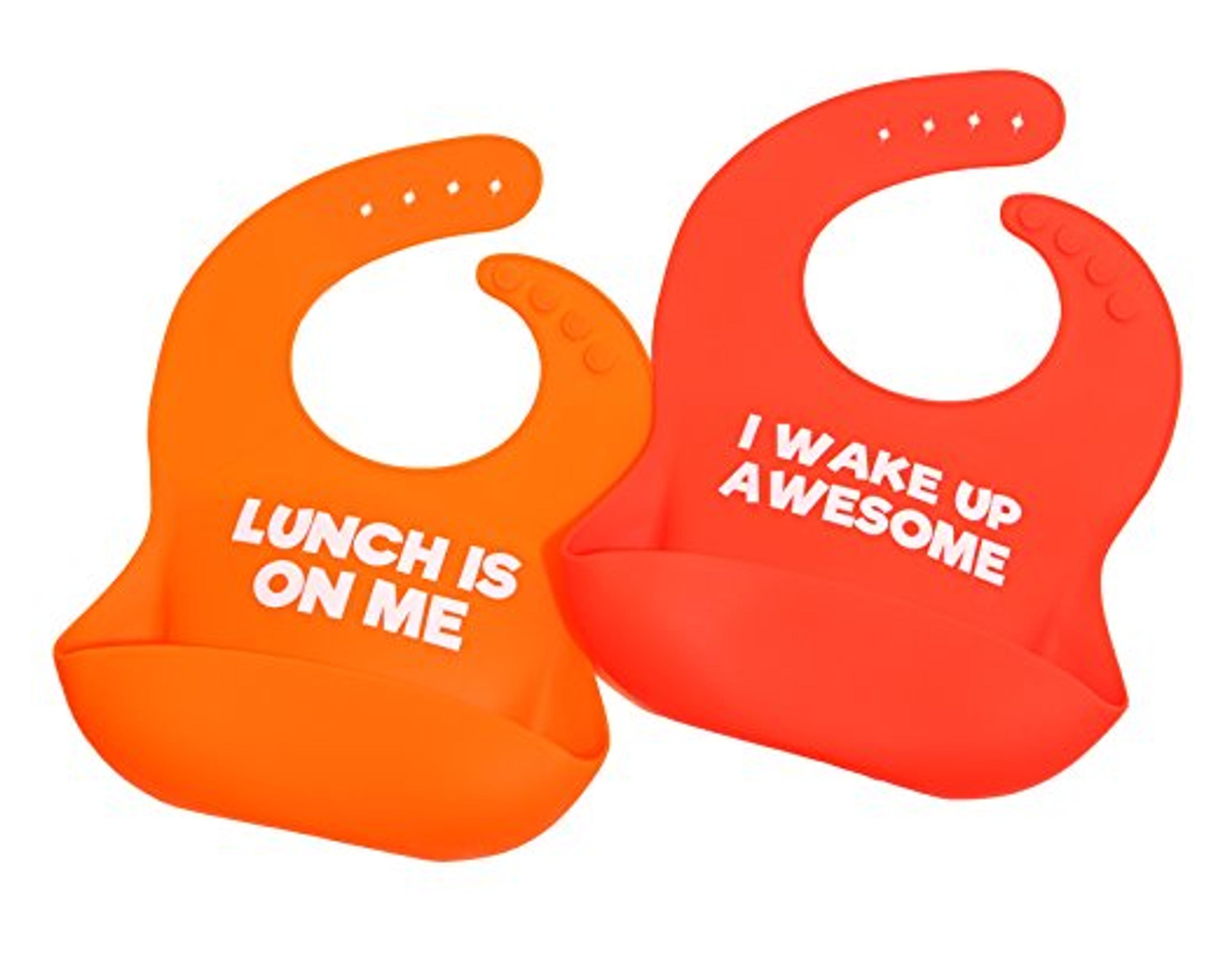 Funny silicone baby bib shower gift set - perfect shower gift for new mom of infant/toddler - for boy or girl - waterproof with food catcher pocket for drool and food! Set of 2