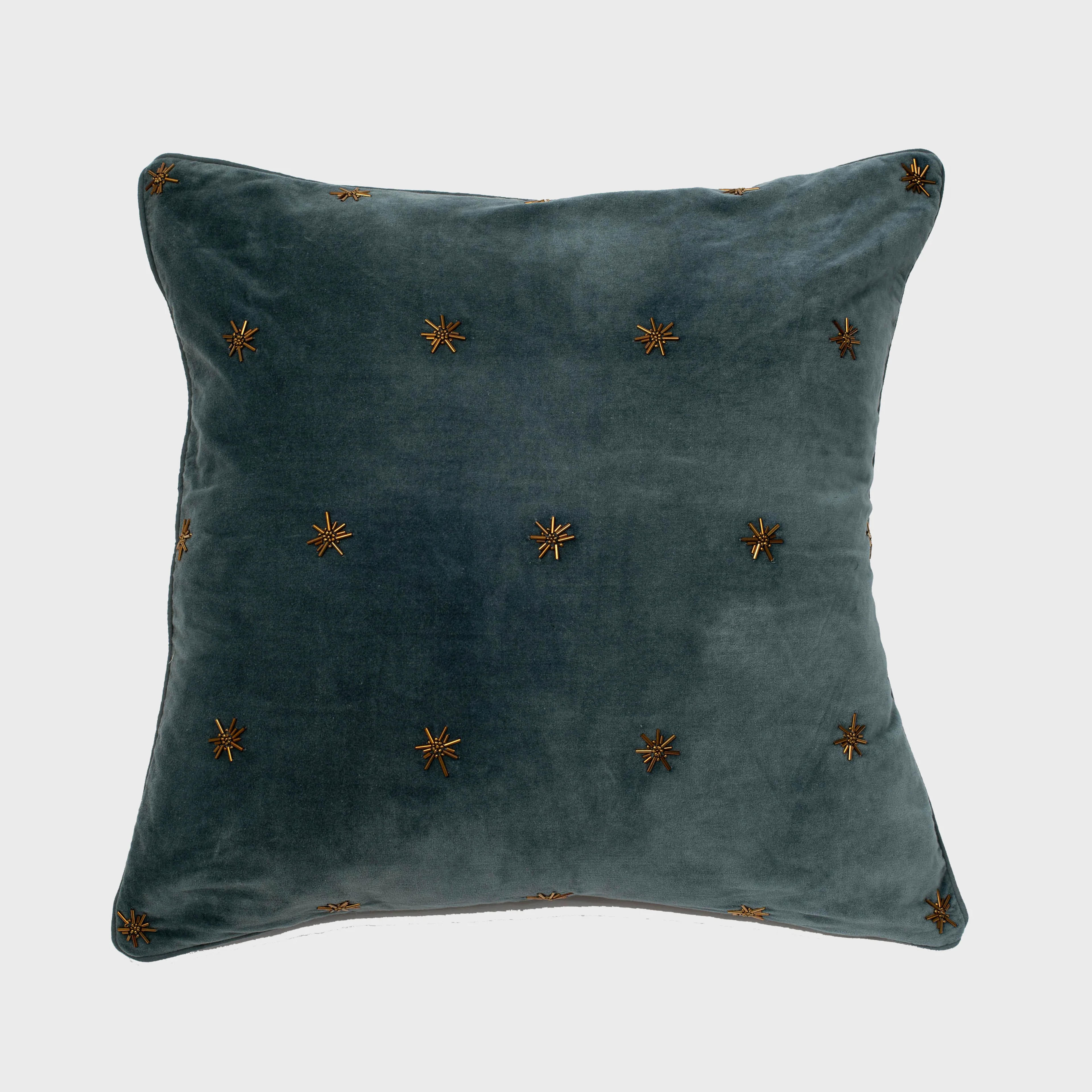 Embroidered star pillow, dark grey cotton velvet - JOANNA BUCHANAN OFFICIAL