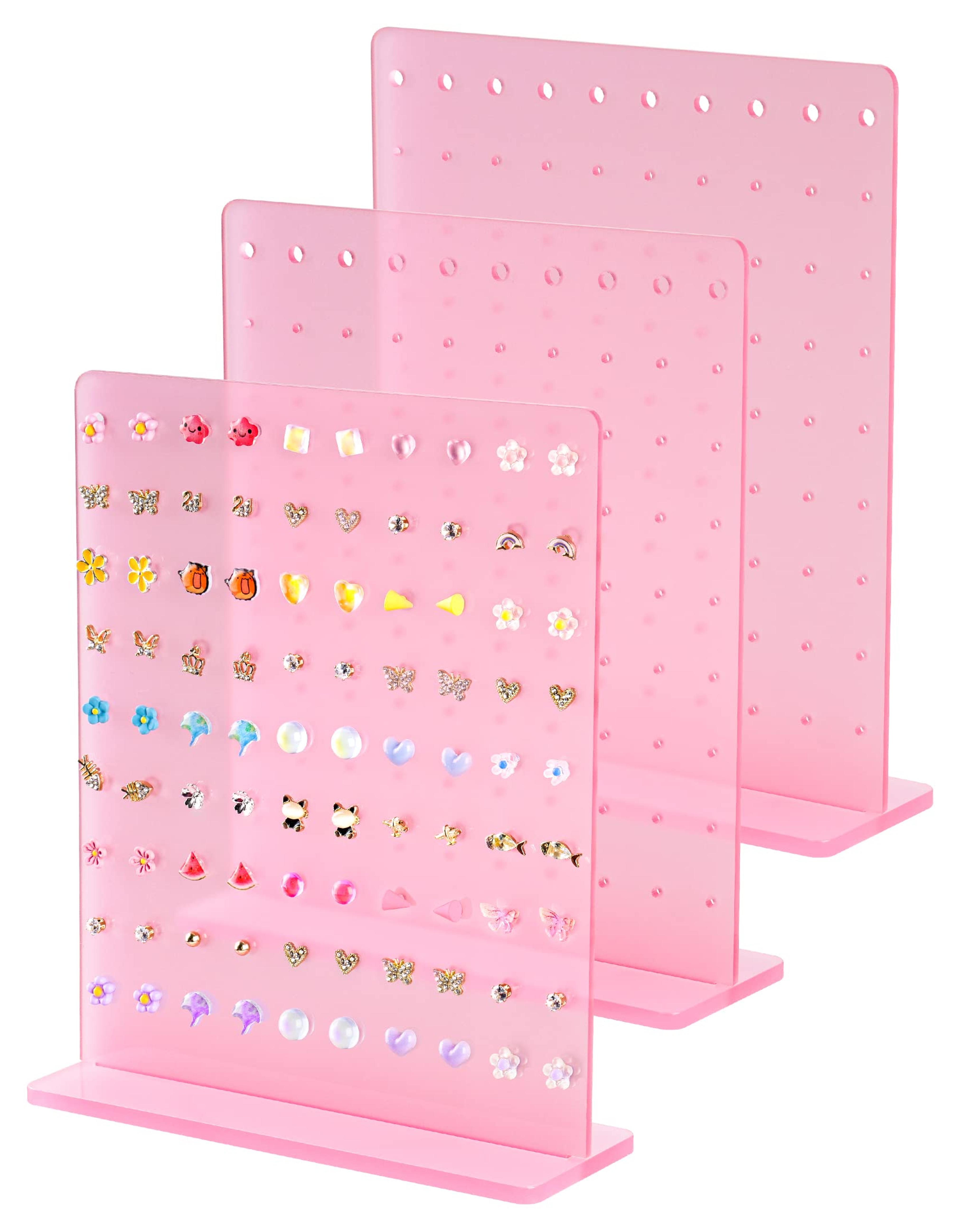 NiHome Acrylic Earring Stand 3PCS, Exquisite Double-Sided Acrylic Earring Organizer with 90 Holes Each - Lightweight and Sturdy Material, Unique Design with Larger Holes for Special Sizes (Pink)