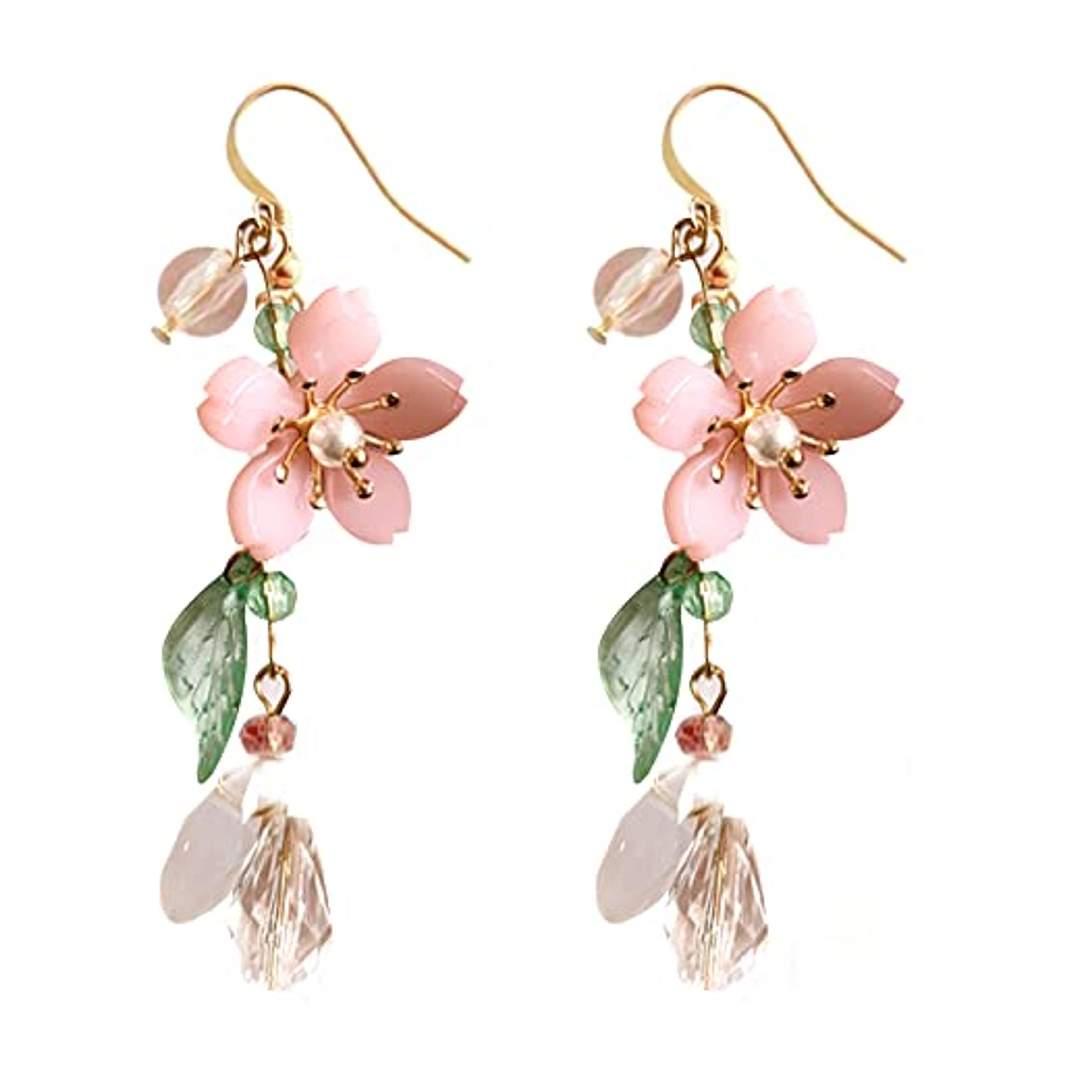 Pink Flower Dangle Earrings for Women Cute Pearl Leaf Sakura Leaf Earrings Fairy Statement Summer Refreshing Seaside Idyllic Holiday Earrings