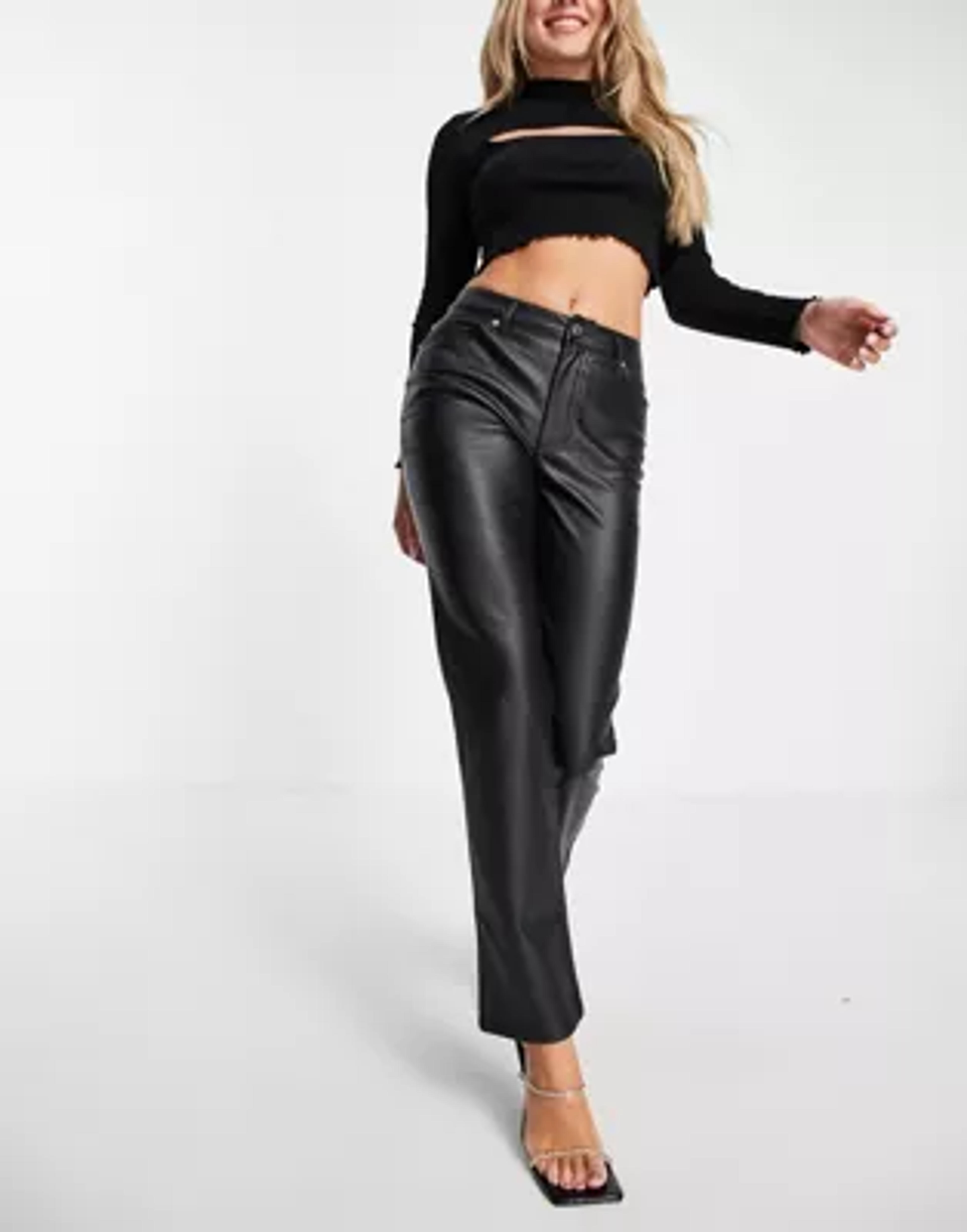 ASOS DESIGN 90's straight leg leather look pant in black | ASOS