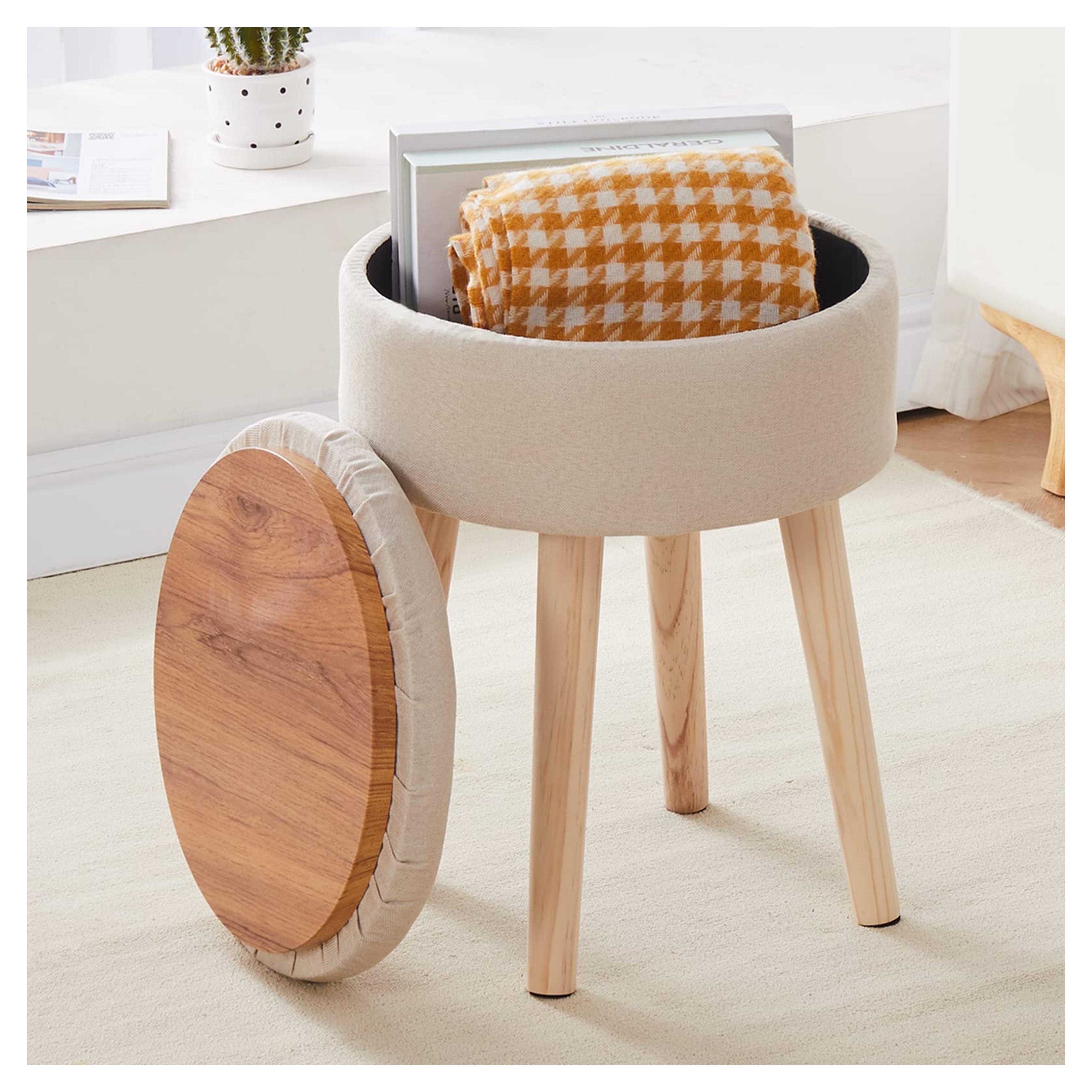 Mxfurhawa Storage Ottoman Linen Round Vanity Stool Tray Top Modern Foot Stool with Wood Legs Multifunctional Upholstered Foot Ottoman Rest for Living Room, Bathroom, Makeup (Beige)