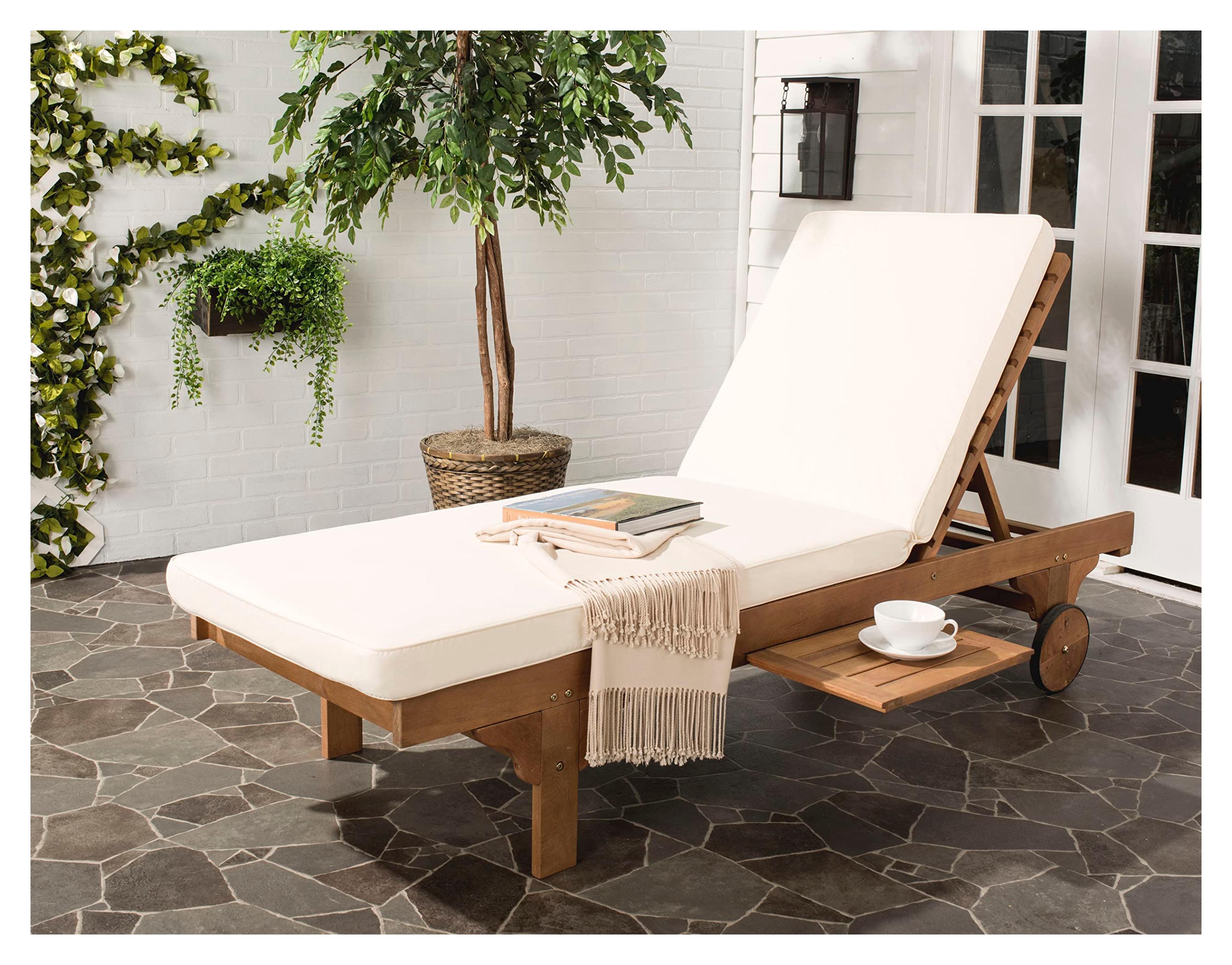 Amazon.com : SAFAVIEH Outdoor Collection Newport Natural/ Beige Cushion Built-in Side Table Adjustable Chaise Lounge Chair : Patio, Lawn & Garden