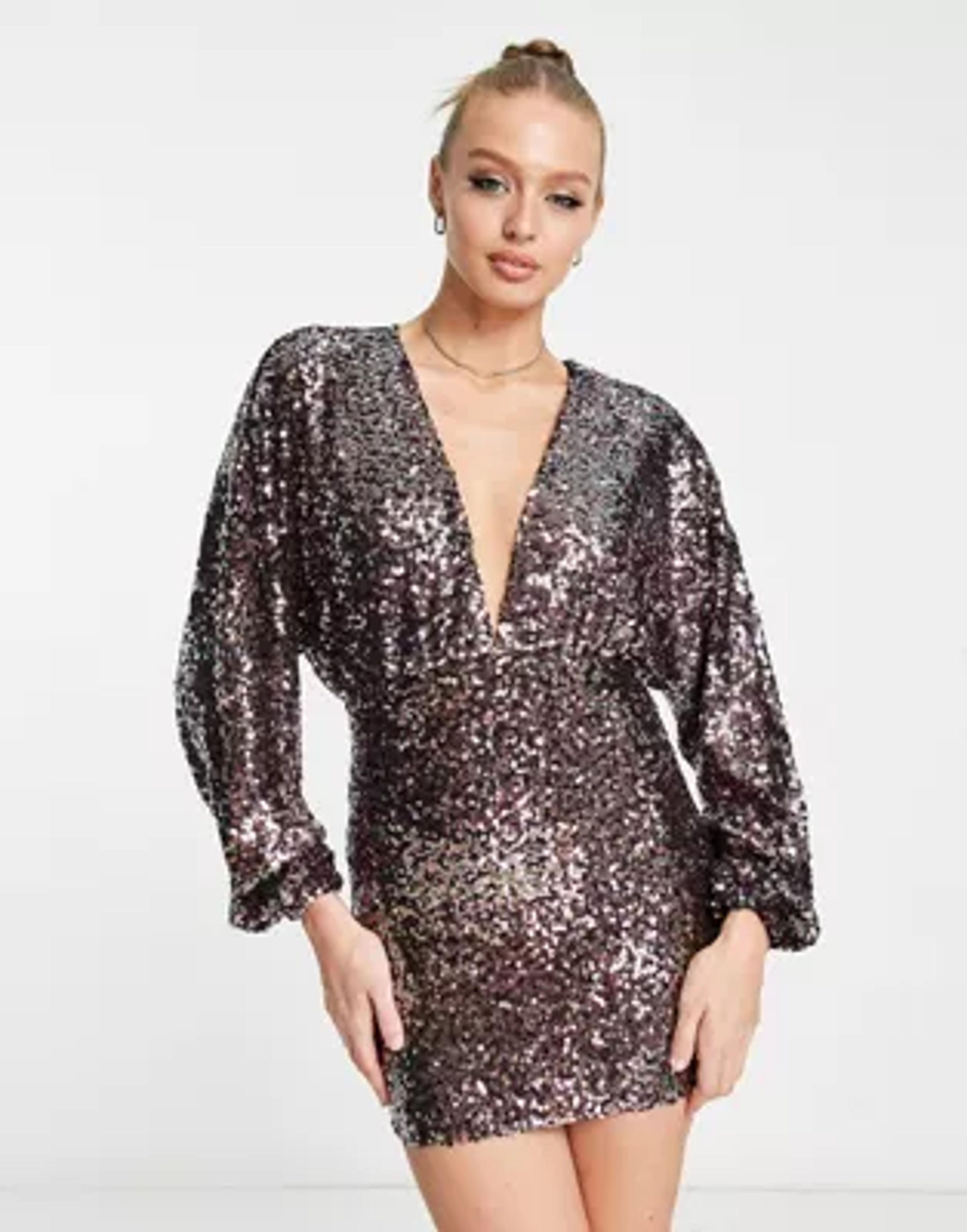 Pull&Bear long sleeved plunge neck sequin mini dress in multicolor | ASOS