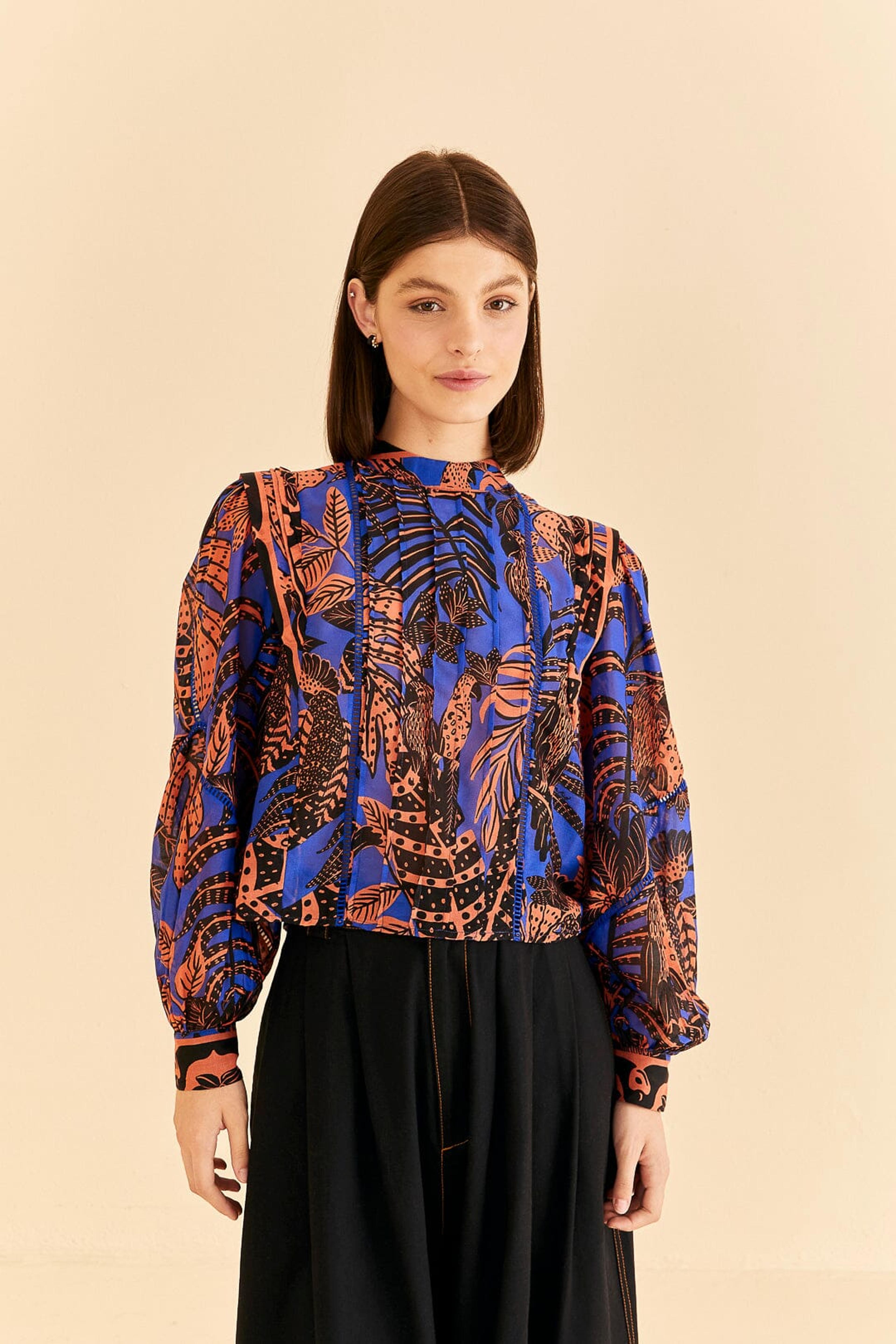 Tropical Gold Blue Pleated Long Sleeve Blouse – People People