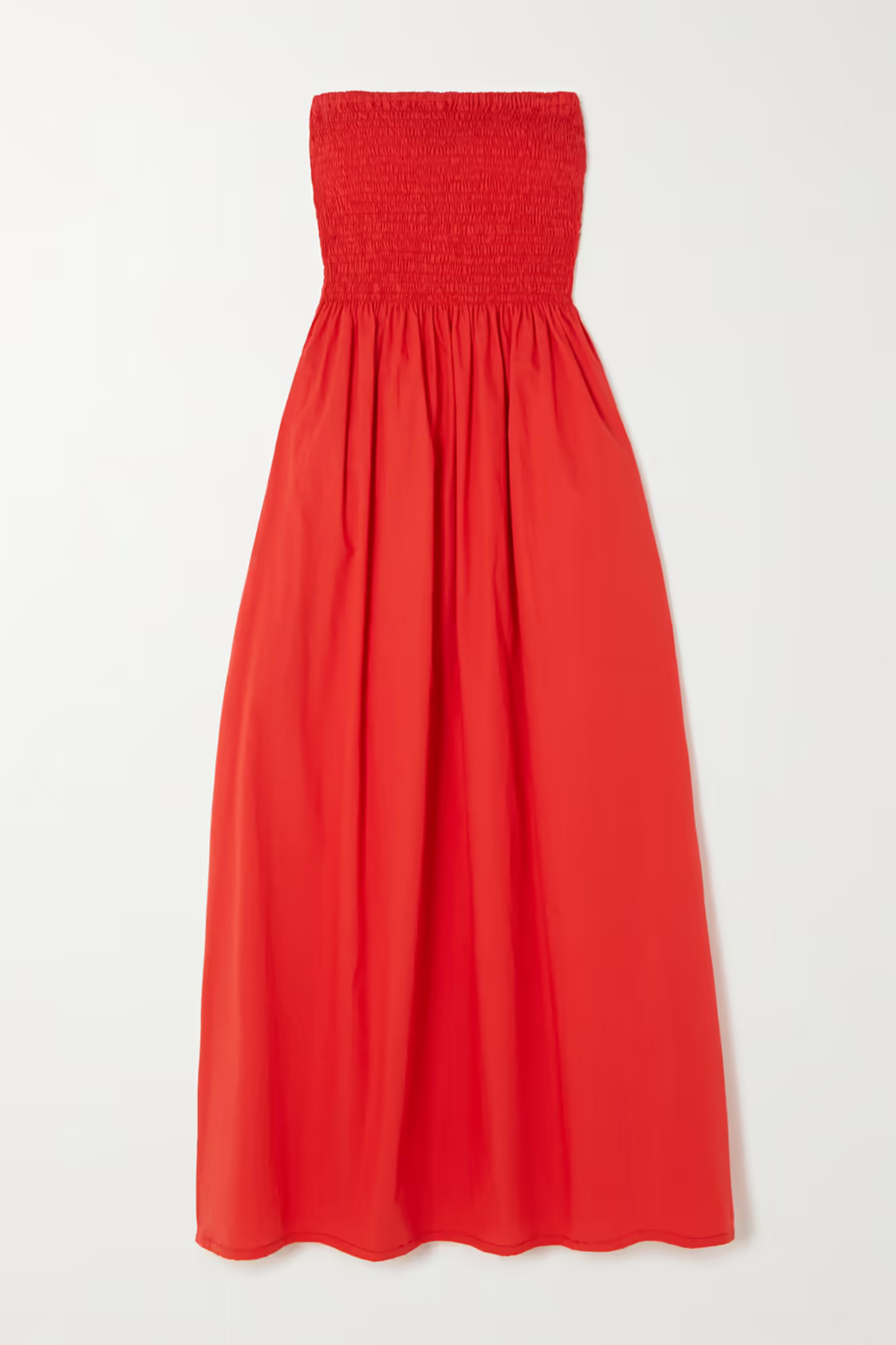 FAITHFULL THE BRAND Madella strapless smocked organic cotton-poplin midi dress | NET-A-PORTER