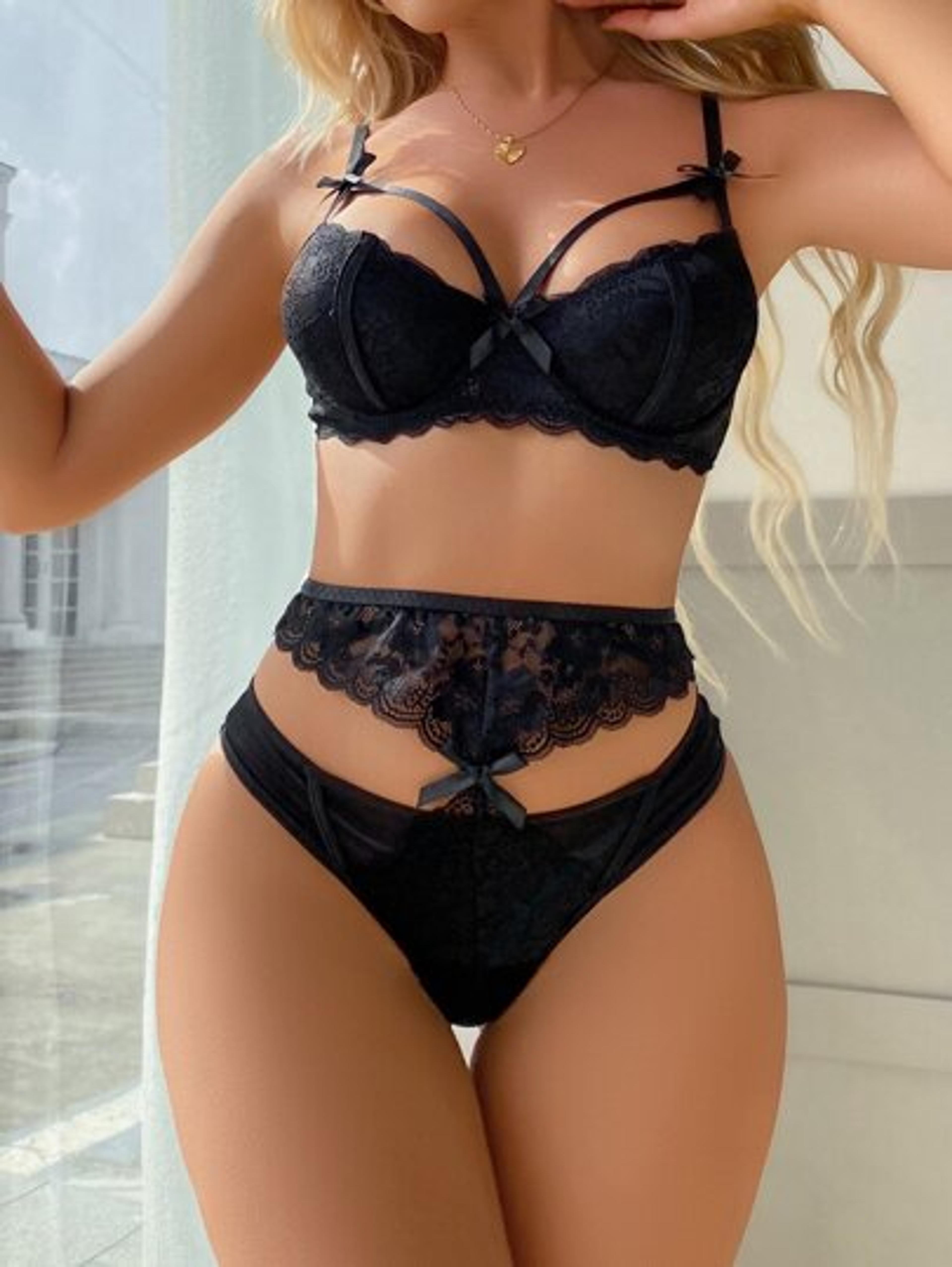 Contrast Lace Bow Front Underwire Thong Lingerie Set