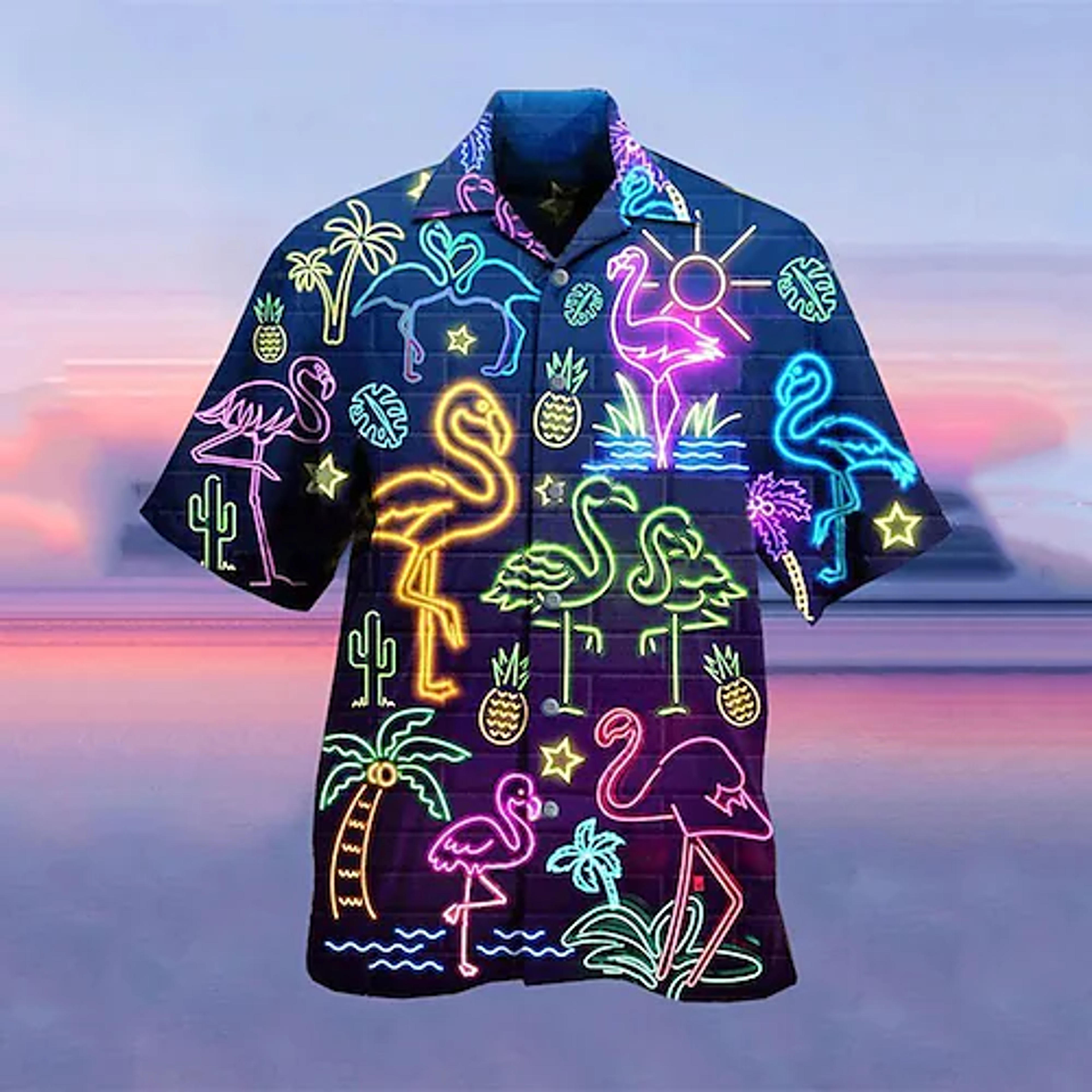 Men's Shirt Fluorescent Turndown Light Purple Green Purple Yellow Red Short Sleeve 3D Print Street Casual 3D Button-Down Tops Fashion Casual Hawaiian Comfortable 2022 - US $19.99