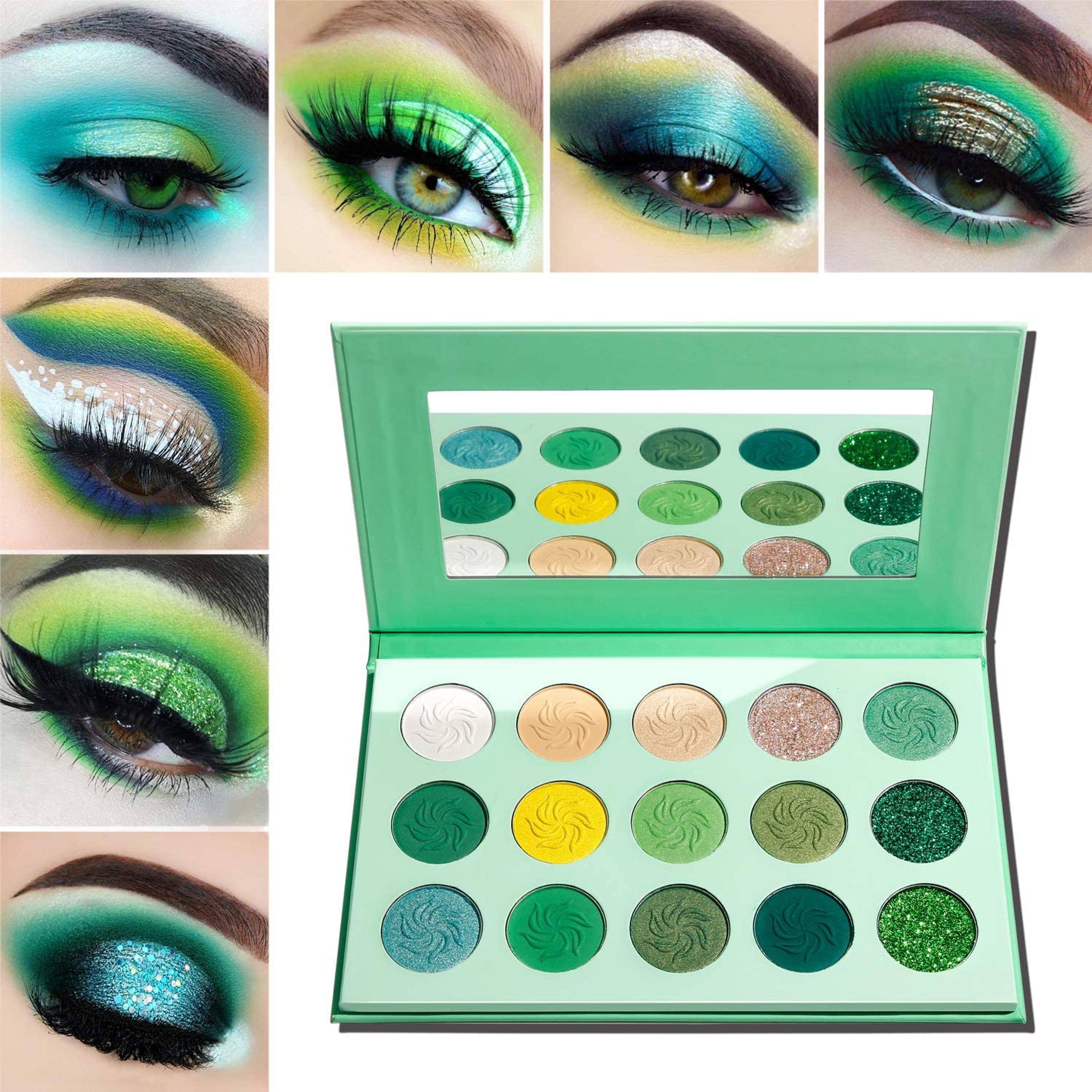 Green Eyeshadow Palette Matte and Glitter,Afflano Highly Pigmented Makeup Palettes Eye shadow Yellow 15 Colours,Bright Creme Shimmer Metallic Sparkle Travel Vegan Cruelty Free Eyeshadow Make up Pallet - BigaMart