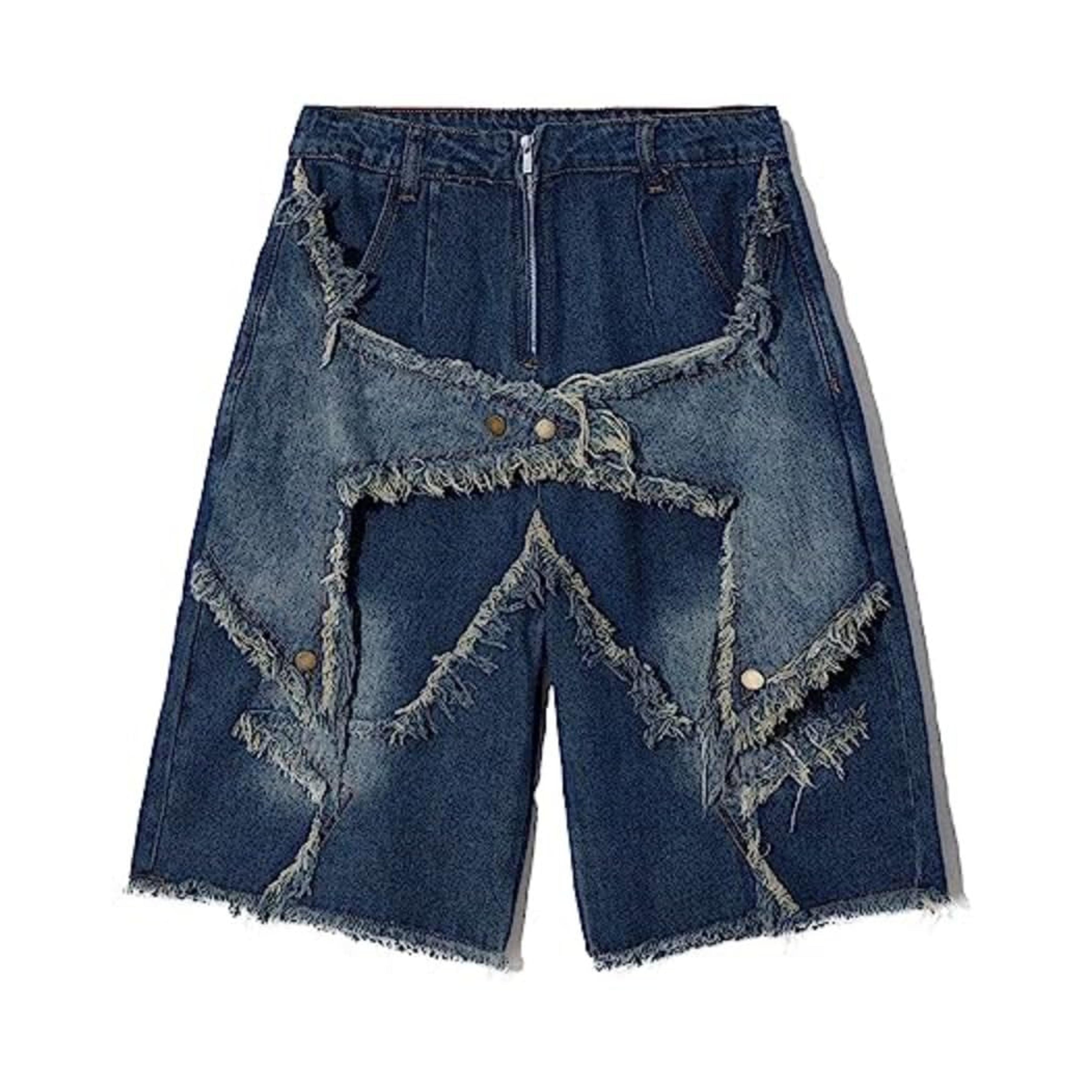 CUTEGAL Star Jorts for Men Denim Shorts Baggy Jorts Mid Rise Stretchy Patchwork Jeans Shorts Jorts Y2K (C,Large,Large)