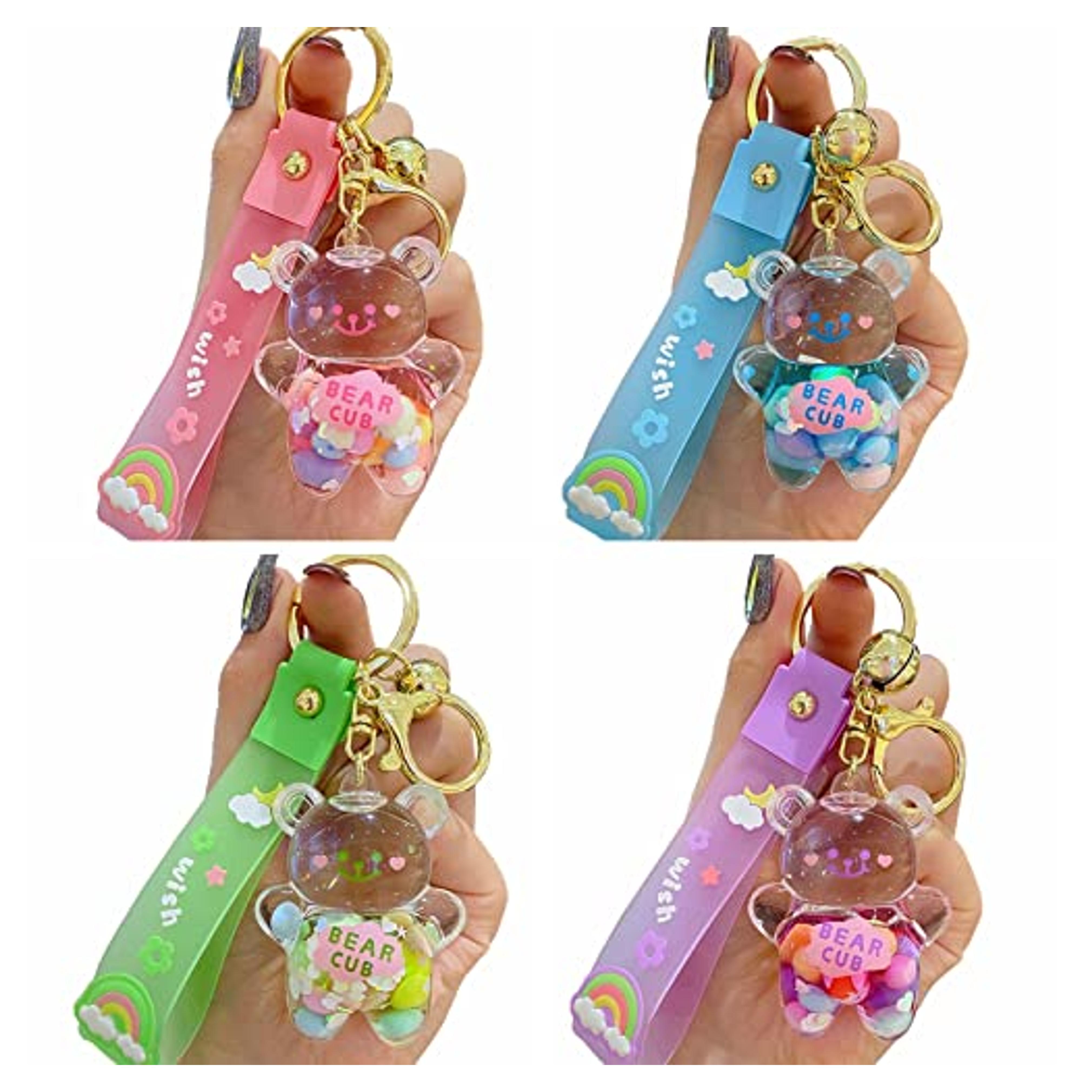 Kawaii Keychain Bear Liquid Floating Quicksand Cute Keychains Bag Charm Wristlet Bracelet Key Ring for Women Girl