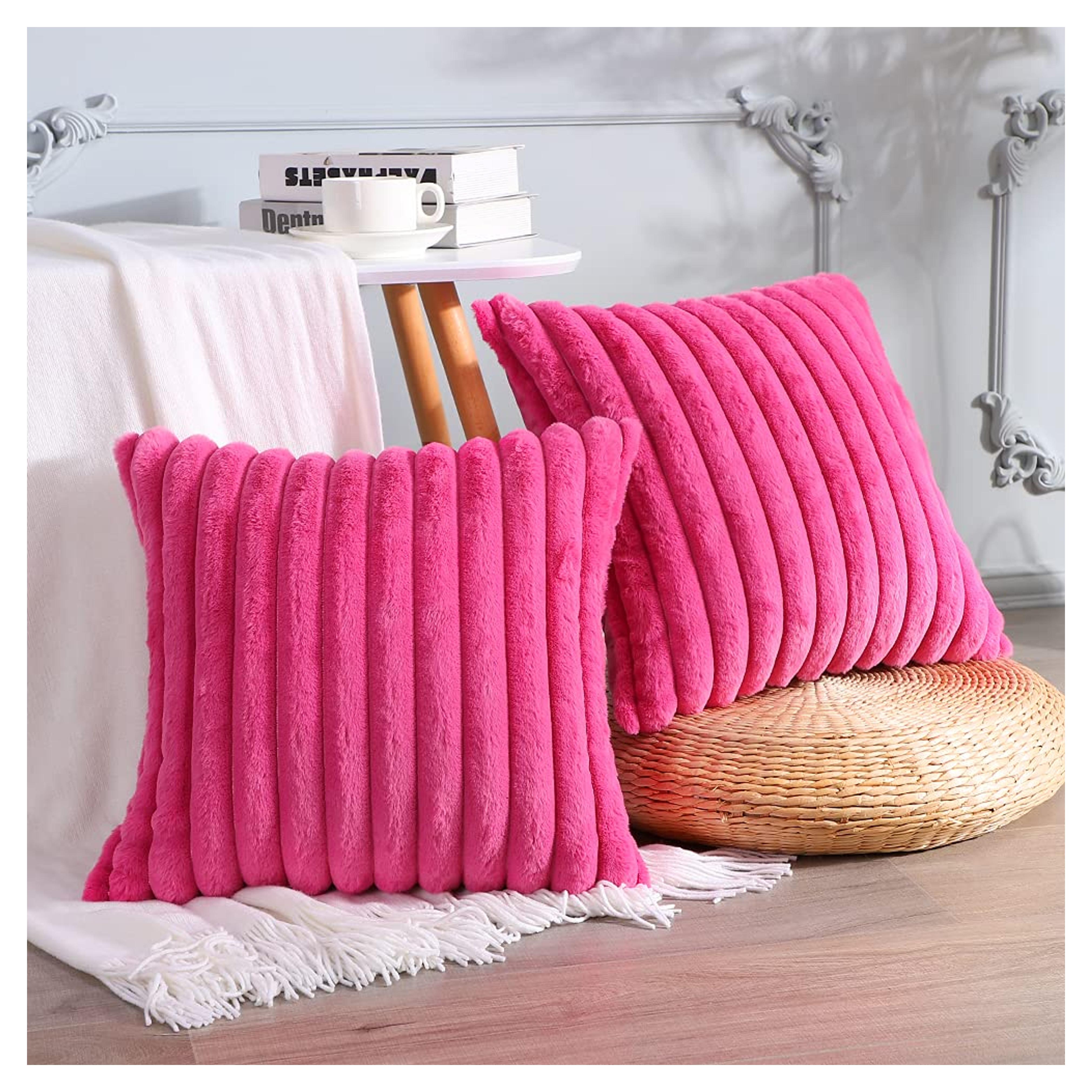 Soleebee Set of 2 Throw Pillow Covers Soft Cozy Velvet Pillowcase Faux Rabbit Fur Couch Cover for Couch Sofa Bed Chair Home Decorative Pillows Cover 18x18 Inch (HOT Pink)