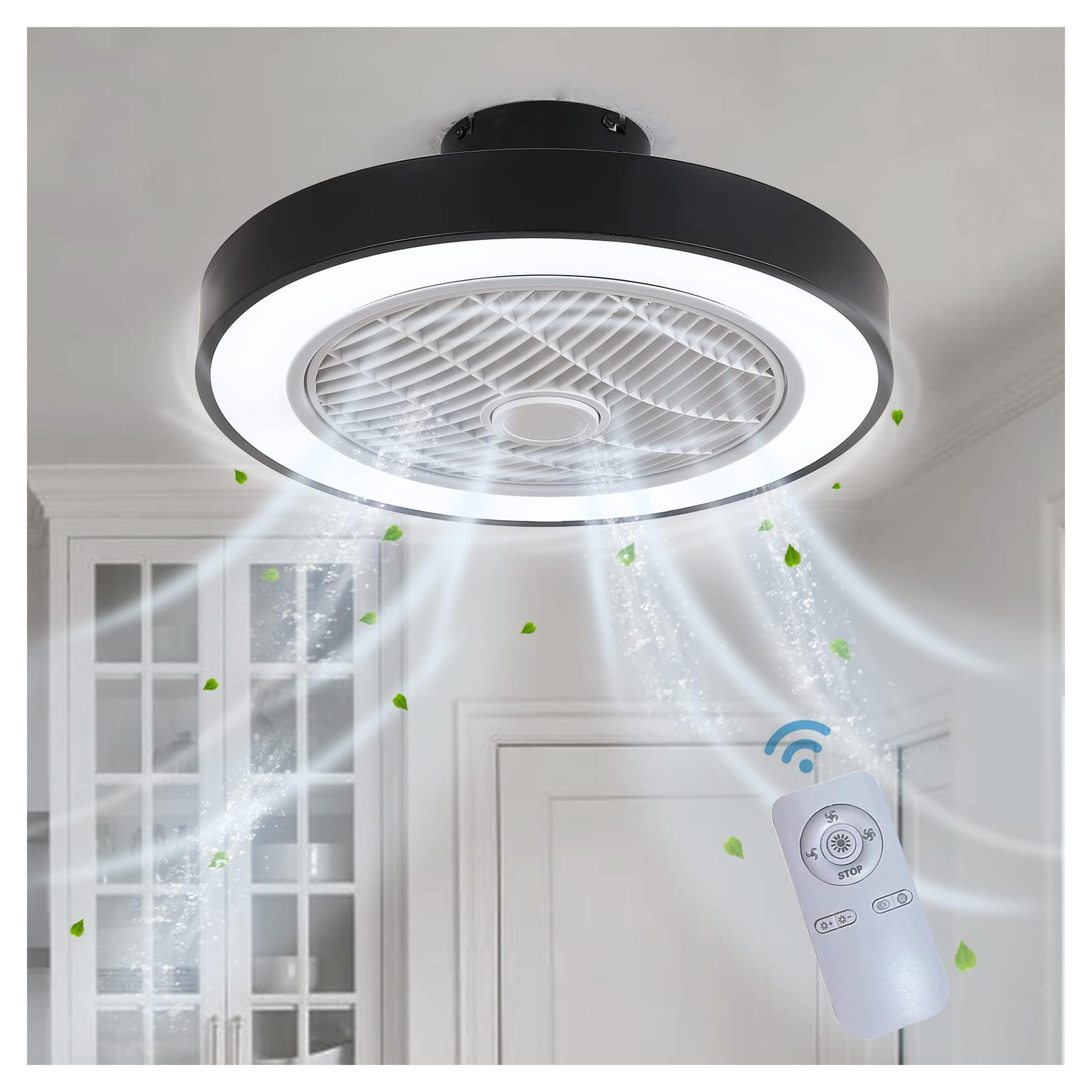 XIPUDA Enclosed Ceiling Fan with Lights, Flush Mount Low Profile Fan Light with Remote Control, 3-Color 3 Speeds Dimming Bladess Ceiling Fan, Hidden Electric Fandelier for Bedroom